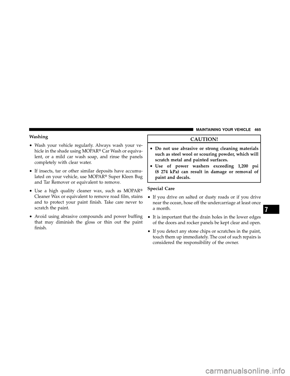CHRYSLER TOWN AND COUNTRY 2010 5.G Owners Manual Washing
•
Wash your vehicle regularly. Always wash your ve-
hicle in the shade using MOPARCar Wash or equiva-
lent, or a mild car wash soap, and rinse the panels
completely with clear water.
•If 