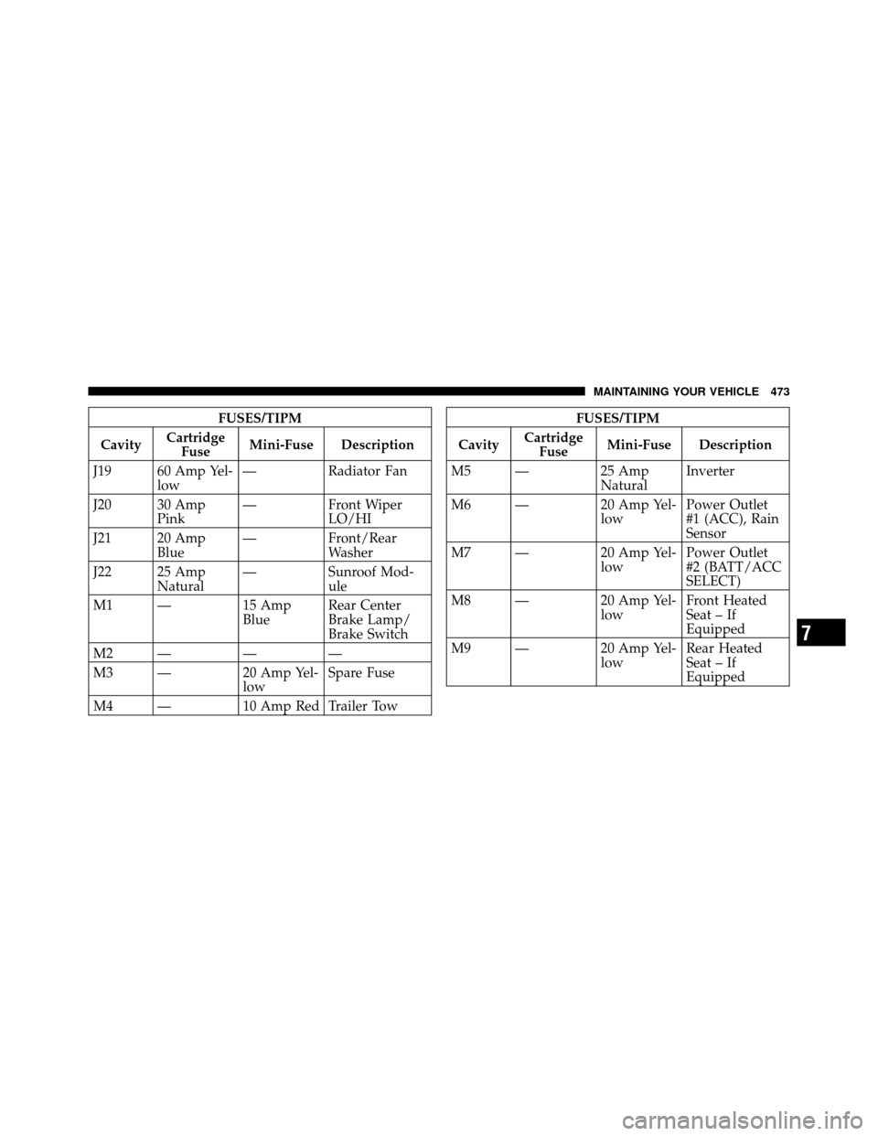 CHRYSLER TOWN AND COUNTRY 2010 5.G Owners Manual FUSES/TIPM
Cavity Cartridge
Fuse Mini-Fuse Description
J19 60 Amp Yel- low — Radiator Fan
J20 30 Amp Pink — Front Wiper
LO/HI
J21 20 Amp Blue —
Front/Rear
Washer
J22 25 Amp Natural —
Sunroof M