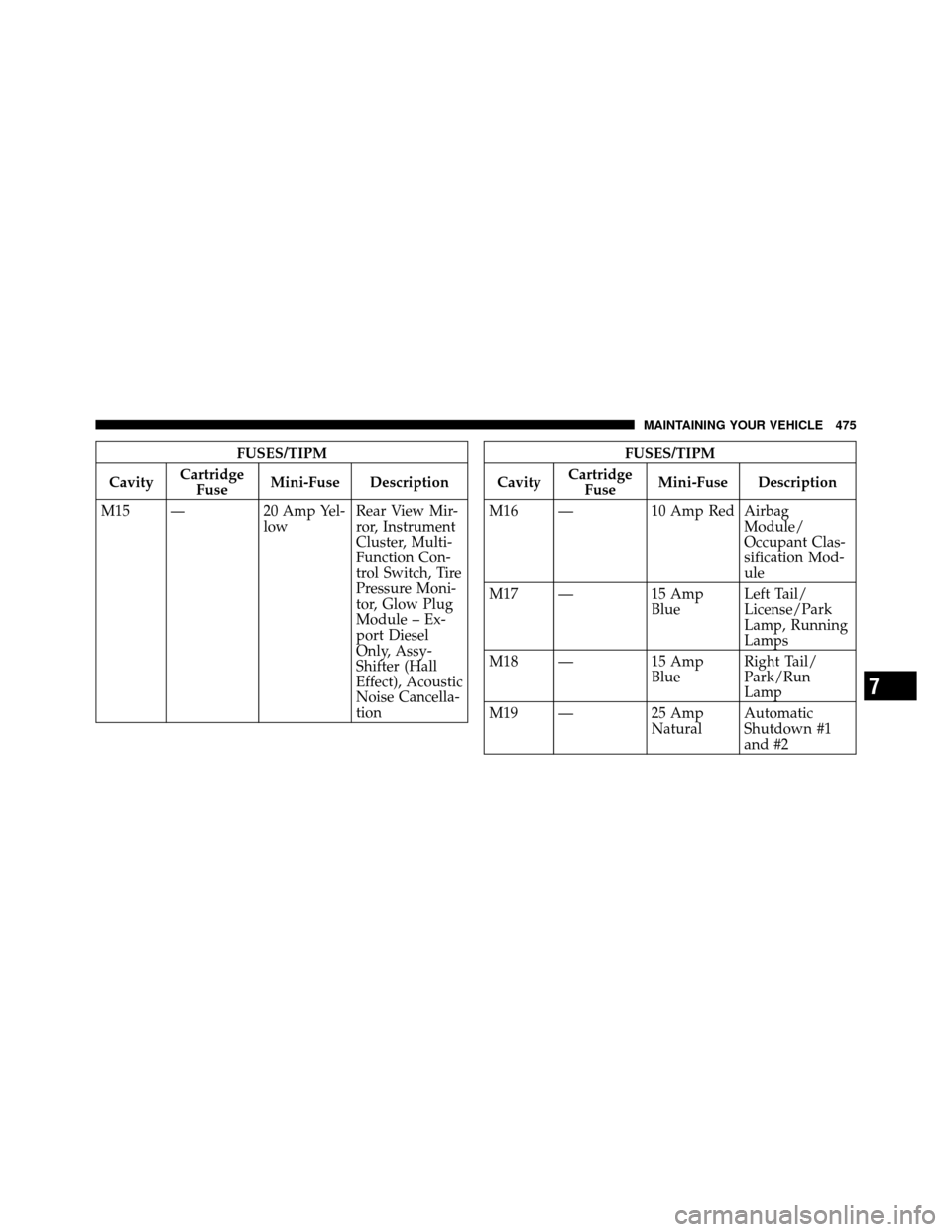 CHRYSLER TOWN AND COUNTRY 2010 5.G Owners Manual FUSES/TIPM
Cavity Cartridge
Fuse Mini-Fuse Description
M15 — 20 Amp Yel- lowRear View Mir-
ror, Instrument
Cluster, Multi-
Function Con-
trol Switch, Tire
Pressure Moni-
tor, Glow Plug
Module – Ex