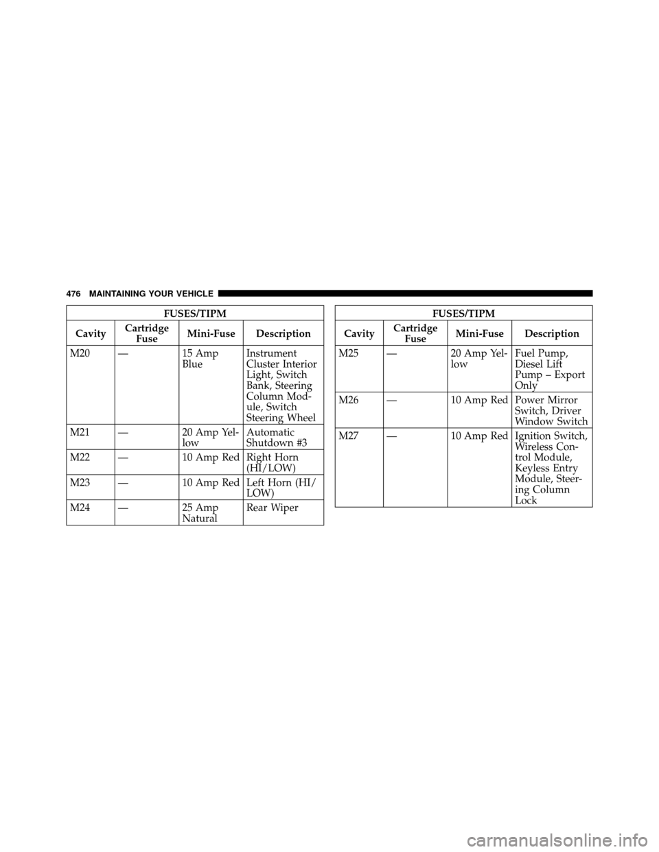 CHRYSLER TOWN AND COUNTRY 2010 5.G User Guide FUSES/TIPM
Cavity Cartridge
Fuse Mini-Fuse Description
M20 — 15 Amp BlueInstrument
Cluster Interior
Light, Switch
Bank, Steering
Column Mod-
ule, Switch
Steering Wheel
M21 — 20 Amp Yel-
lowAutomat