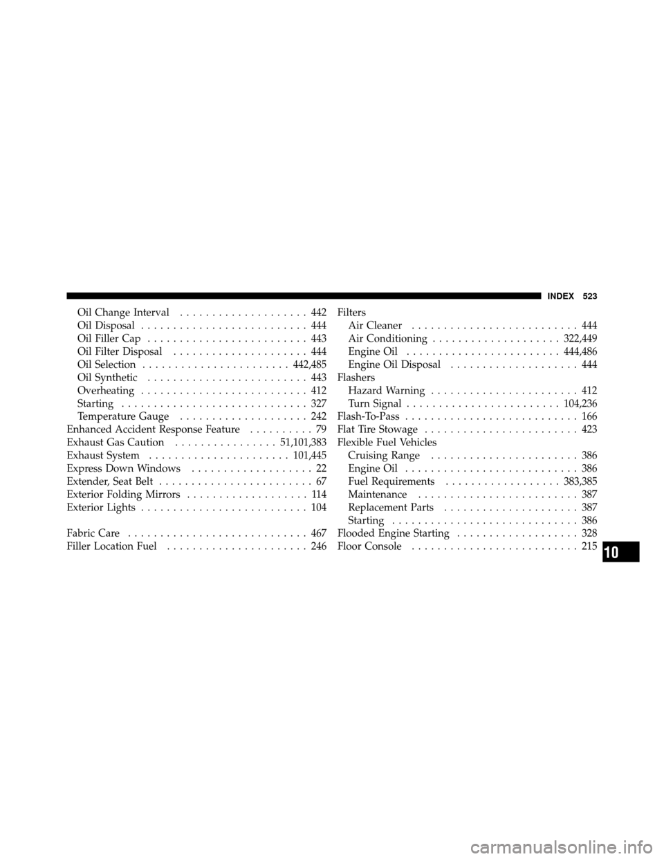 CHRYSLER TOWN AND COUNTRY 2010 5.G User Guide Oil Change Interval.................... 442
Oil Disposal .......................... 444
Oil Filler Cap ......................... 443
Oil Filter Disposal ..................... 444
Oil Selection .......