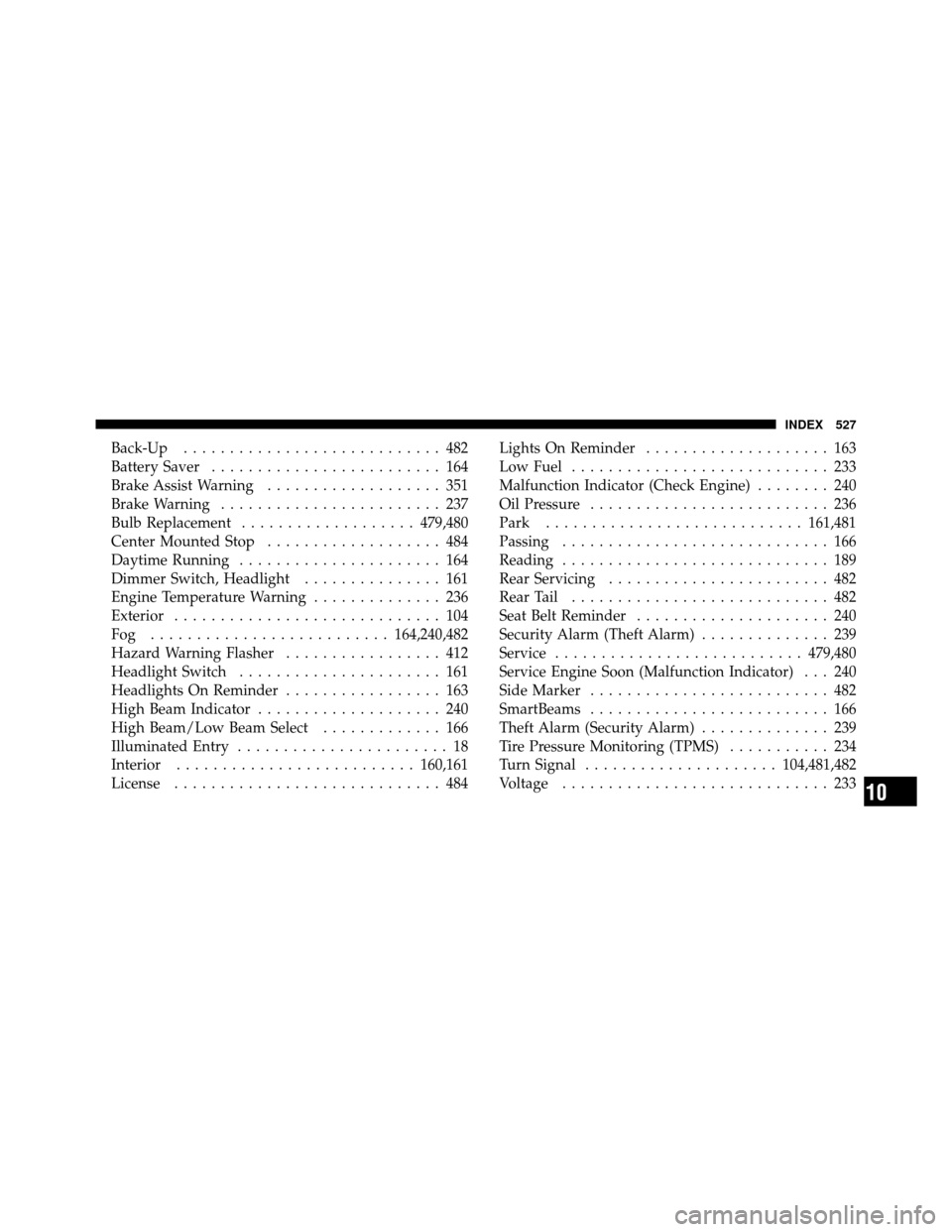 CHRYSLER TOWN AND COUNTRY 2010 5.G Owners Guide Back-Up............................ 482
Battery Saver ......................... 164
Brake Assist Warning ................... 351
Brake Warning ........................ 237
Bulb Replacement ...........