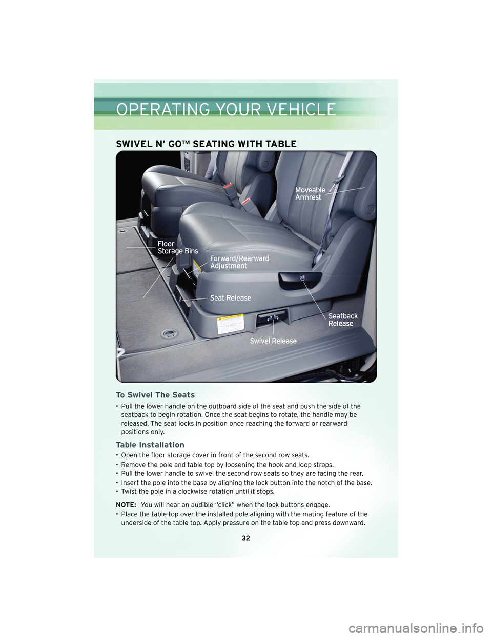 CHRYSLER TOWN AND COUNTRY 2010 5.G User Guide SWIVEL N’ GO™ SEATING WITH TABLE
To Swivel The Seats
• Pull the lower handle on the outboard side of the seat and push the side of theseatback to begin rotation. Once the seat begins to rotate, 
