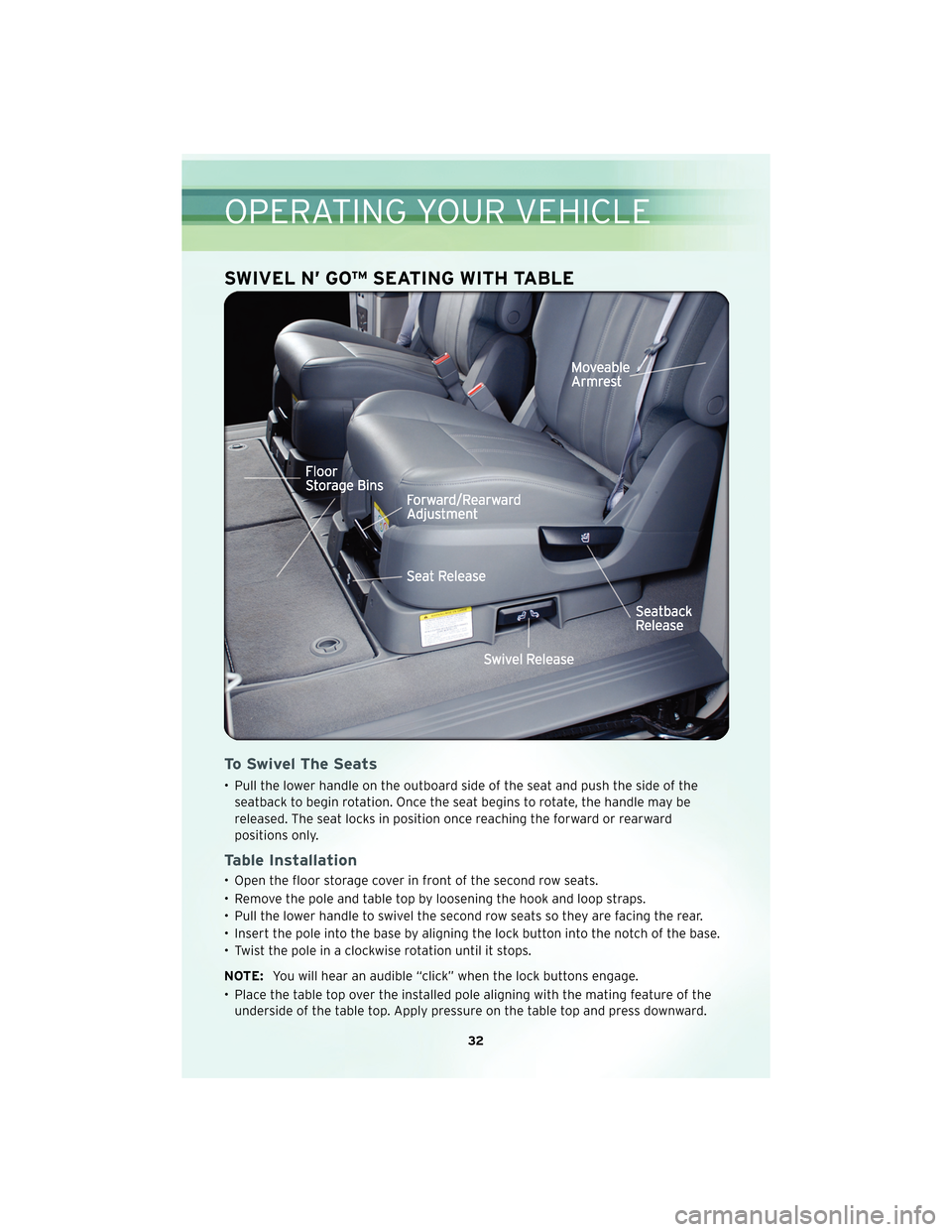 CHRYSLER TOWN AND COUNTRY 2010 5.G User Guide SWIVEL N’ GO™ SEATING WITH TABLE
To Swivel The Seats
• Pull the lower handle on the outboard side of the seat and push the side of theseatback to begin rotation. Once the seat begins to rotate, CHRYSLER TOWN AND COUNTRY 2010 5.G User Guide SWIVEL N’ GO™ SEATING WITH TABLE
To Swivel The Seats
• Pull the lower handle on the outboard side of the seat and push the side of theseatback to begin rotation. Once the seat begins to rotate,