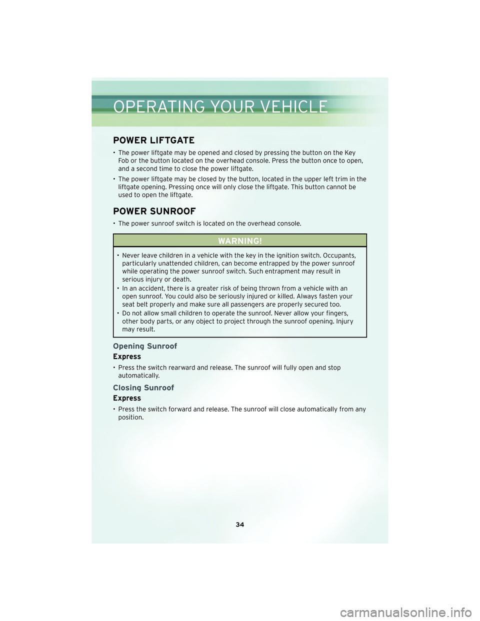 CHRYSLER TOWN AND COUNTRY 2010 5.G User Guide POWER LIFTGATE
• The power liftgate may be opened and closed by pressing the button on the KeyFob or the button located on the overhead console. Press the button once to open,
and a second time to c