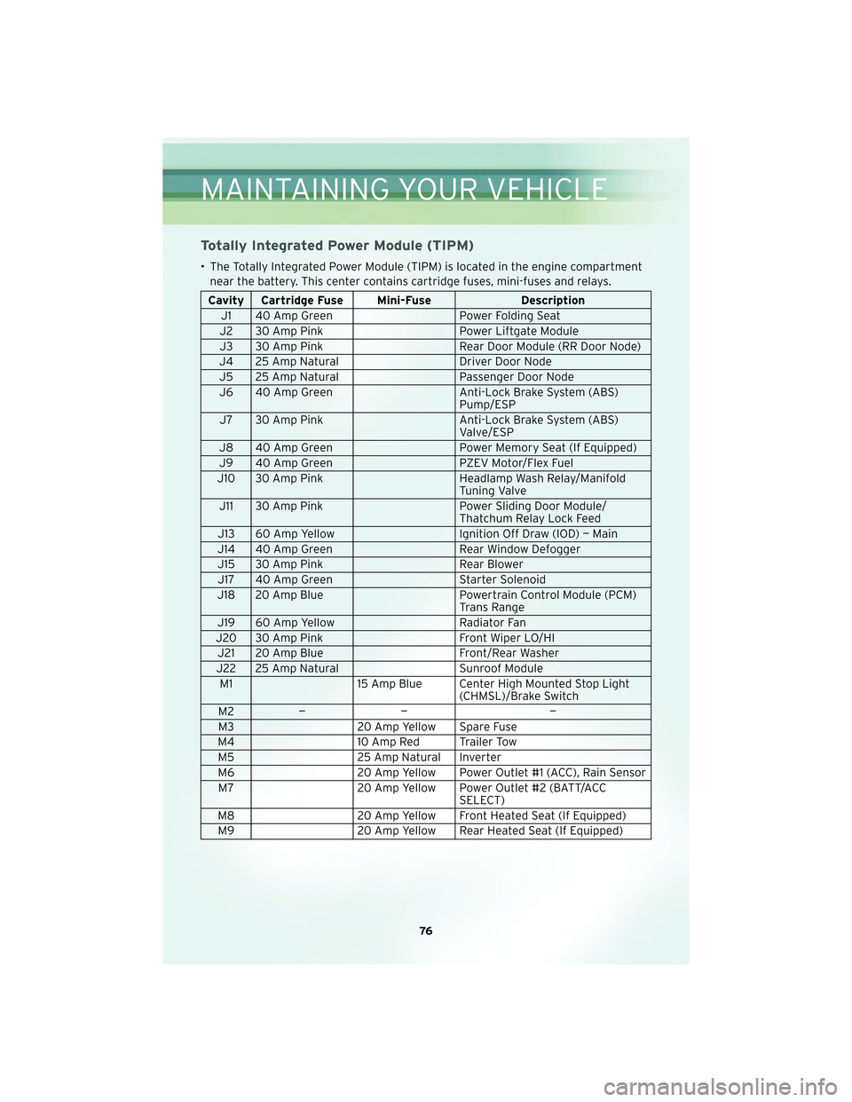 CHRYSLER TOWN AND COUNTRY 2010 5.G User Guide Totally Integrated Power Module (TIPM)
• The Totally Integrated Power Module (TIPM) is located in the engine compartmentnear the battery. This center contains cartridge fuses, mini-fuses and relays.