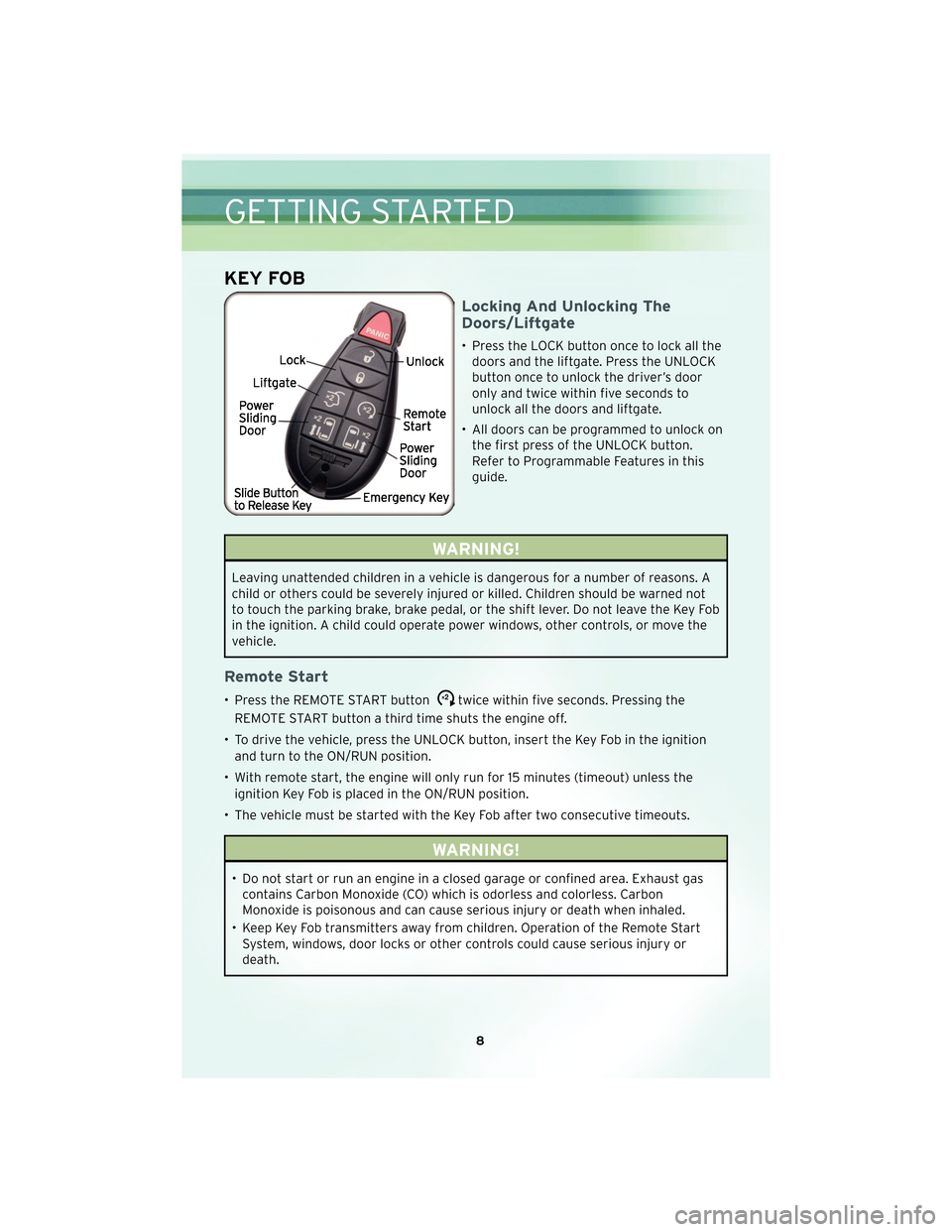 CHRYSLER TOWN AND COUNTRY 2010 5.G User Guide KEY FOB
Locking And Unlocking The
Doors/Liftgate
• Press the LOCK button once to lock all thedoors and the liftgate. Press the UNLOCK
button once to unlock the driver’s door
only and twice within 