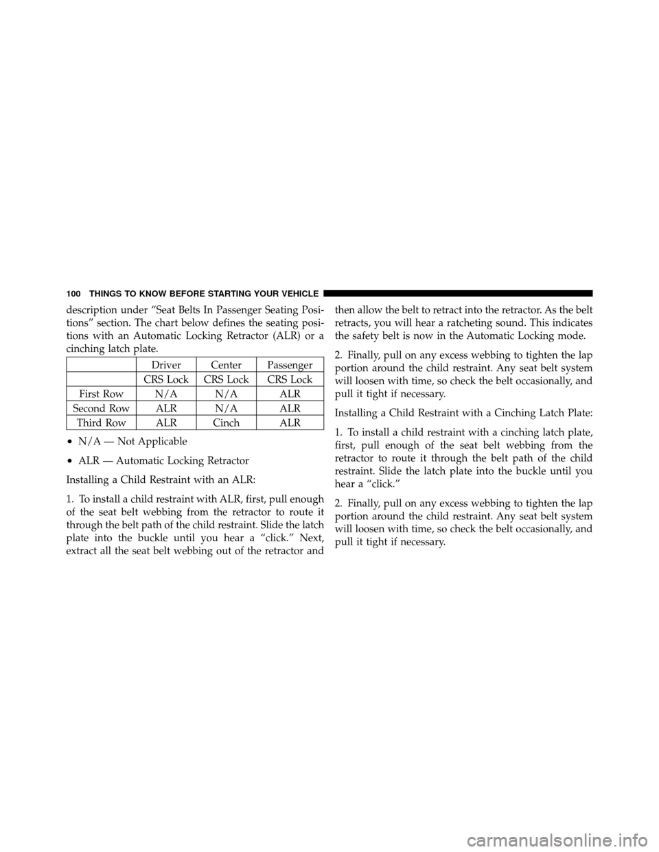 CHRYSLER TOWN AND COUNTRY 2011 5.G Owners Manual description under “Seat Belts In Passenger Seating Posi-
tions” section. The chart below defines the seating posi-
tions with an Automatic Locking Retractor (ALR) or a
cinching latch plate.
Driver CHRYSLER TOWN AND COUNTRY 2011 5.G Owners Manual description under “Seat Belts In Passenger Seating Posi-
tions” section. The chart below defines the seating posi-
tions with an Automatic Locking Retractor (ALR) or a
cinching latch plate.
Driver