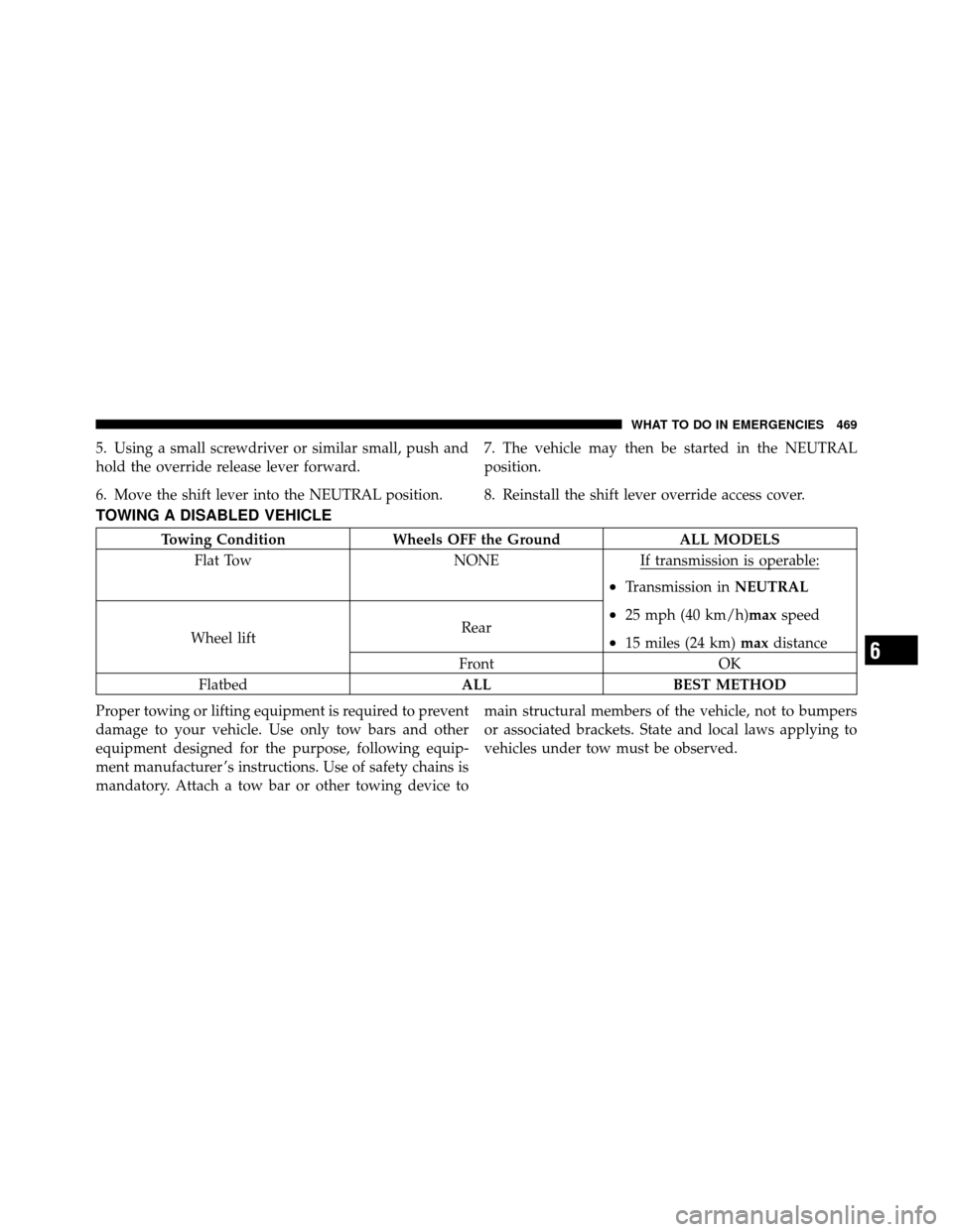 CHRYSLER TOWN AND COUNTRY 2011 5.G Owners Manual 5. Using a small screwdriver or similar small, push and
hold the override release lever forward.
6. Move the shift lever into the NEUTRAL position.7. The vehicle may then be started in the NEUTRAL
pos