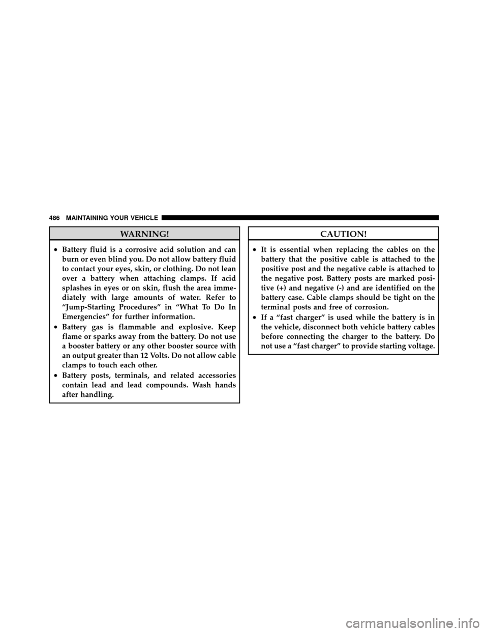 CHRYSLER TOWN AND COUNTRY 2011 5.G Owners Manual WARNING!
•Battery fluid is a corrosive acid solution and can
burn or even blind you. Do not allow battery fluid
to contact your eyes, skin, or clothing. Do not lean
over a battery when attaching cla
