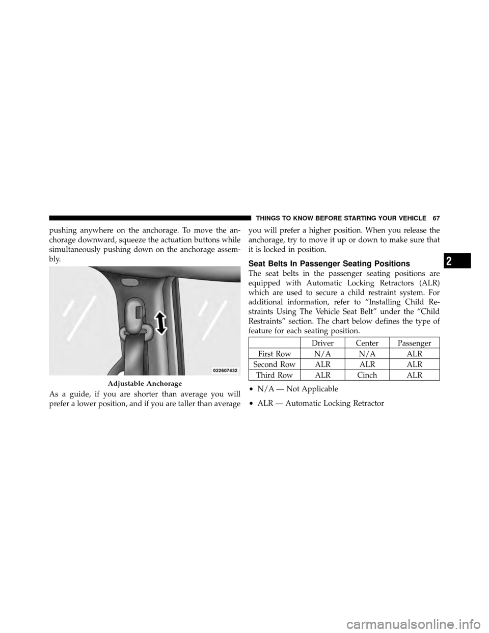 CHRYSLER TOWN AND COUNTRY 2011 5.G Repair Manual pushing anywhere on the anchorage. To move the an-
chorage downward, squeeze the actuation buttons while
simultaneously pushing down on the anchorage assem-
bly.
As a guide, if you are shorter than av