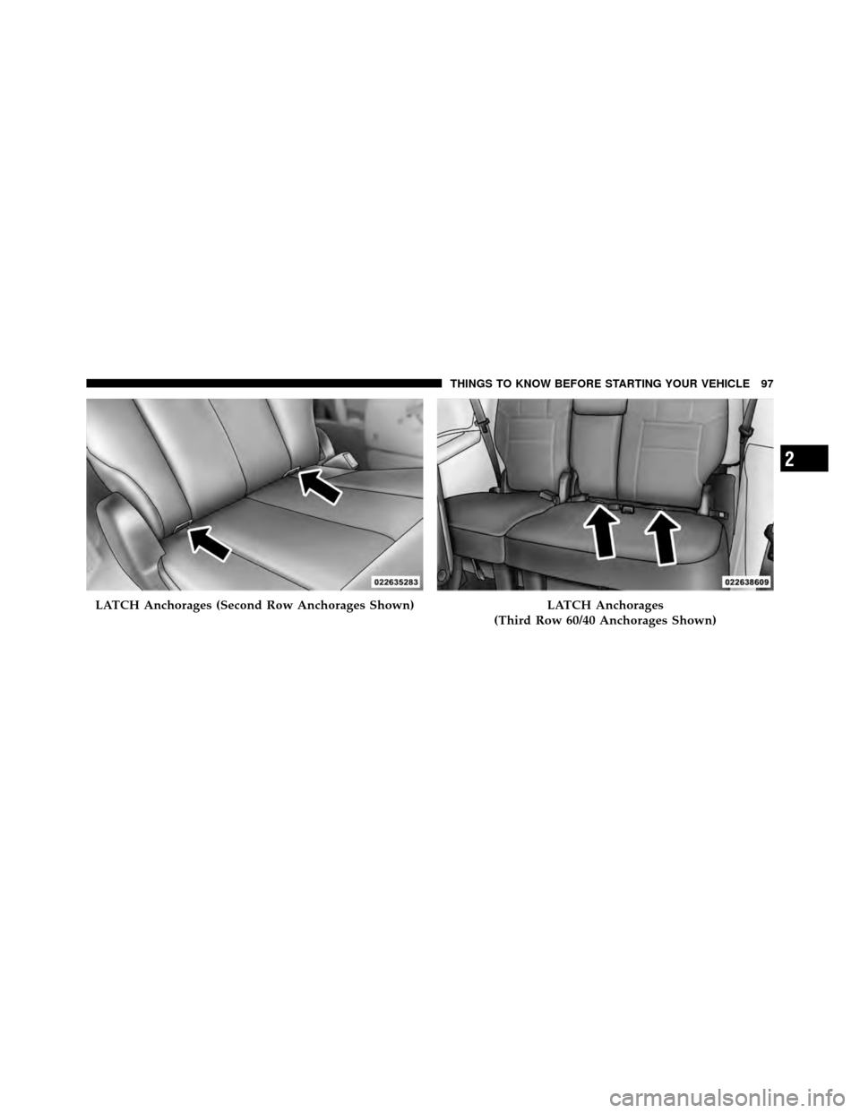 CHRYSLER TOWN AND COUNTRY 2011 5.G Owners Manual LATCH Anchorages (Second Row Anchorages Shown)LATCH Anchorages
(Third Row 60/40 Anchorages Shown)
2
THINGS TO KNOW BEFORE STARTING YOUR VEHICLE 97  CHRYSLER TOWN AND COUNTRY 2011 5.G Owners Manual LATCH Anchorages (Second Row Anchorages Shown)LATCH Anchorages
(Third Row 60/40 Anchorages Shown)
2
THINGS TO KNOW BEFORE STARTING YOUR VEHICLE 97