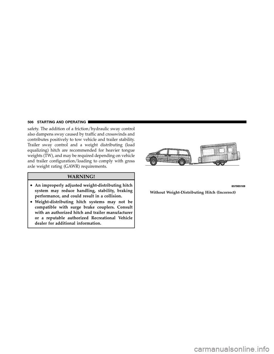 CHRYSLER TOWN AND COUNTRY 2012 5.G Owners Manual safety. The addition of a friction/hydraulic sway control
also dampens sway caused by traffic and crosswinds and
contributes positively to tow vehicle and trailer stability.
Trailer sway control and a