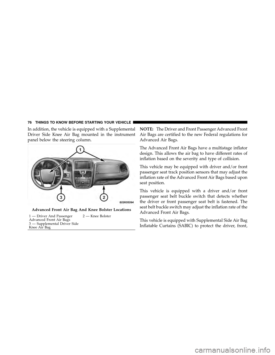 CHRYSLER TOWN AND COUNTRY 2012 5.G Owners Manual In addition, the vehicle is equipped with a Supplemental
Driver Side Knee Air Bag mounted in the instrument
panel below the steering column.NOTE:
The Driver and Front Passenger Advanced Front
Air Bags