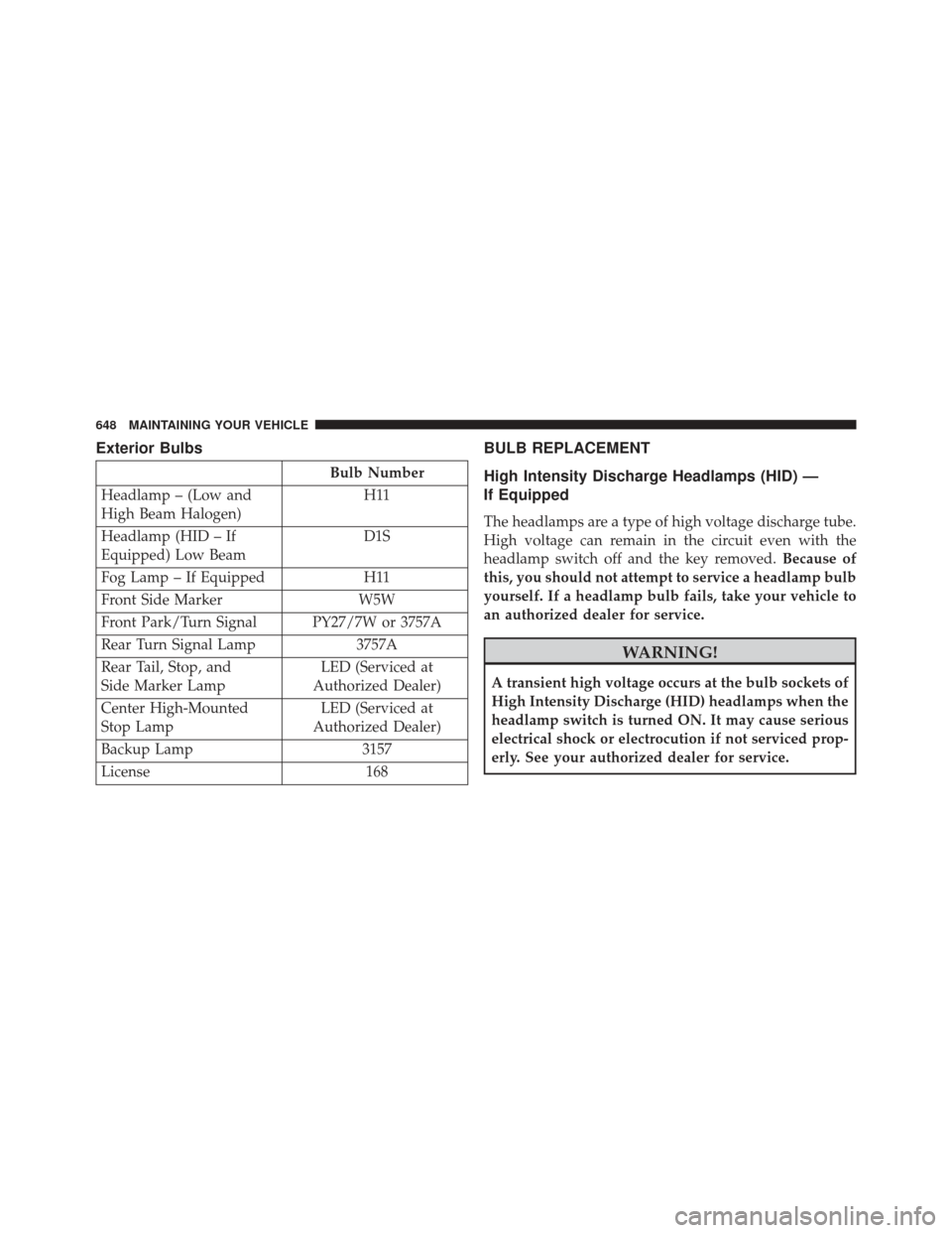 CHRYSLER TOWN AND COUNTRY 2013 5.G Owners Manual Exterior Bulbs
Bulb Number
Headlamp – (Low and
High Beam Halogen) H11
Headlamp (HID – If
Equipped) Low Beam D1S
Fog Lamp – If Equipped H11
Front Side Marker W5W
Front Park/Turn Signal PY27/7W or CHRYSLER TOWN AND COUNTRY 2013 5.G Owners Manual Exterior Bulbs
Bulb Number
Headlamp – (Low and
High Beam Halogen) H11
Headlamp (HID – If
Equipped) Low Beam D1S
Fog Lamp – If Equipped H11
Front Side Marker W5W
Front Park/Turn Signal PY27/7W or