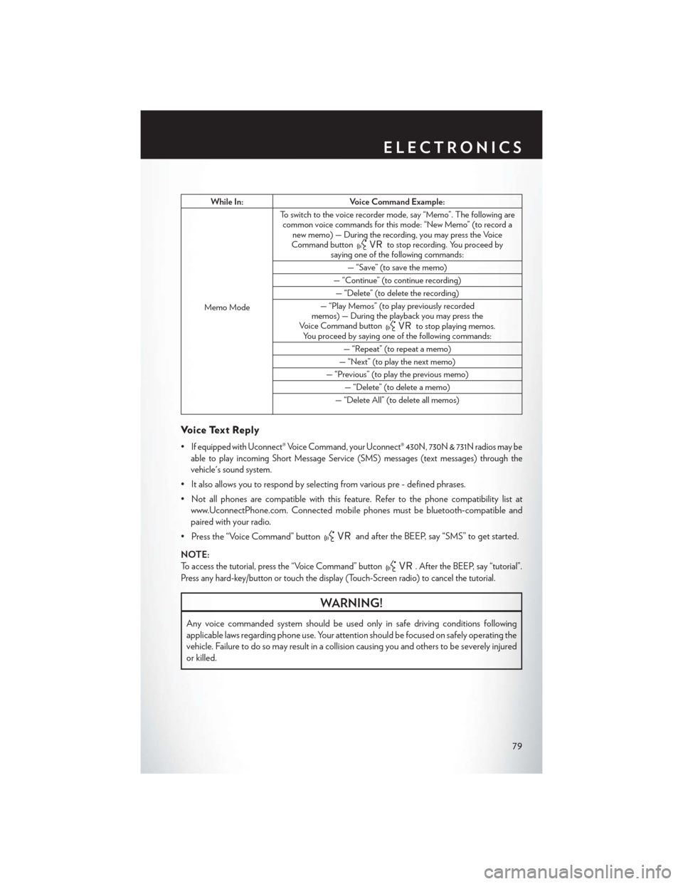 CHRYSLER TOWN AND COUNTRY 2013 5.G Owners Manual While In:Voice Command Example:
Memo Mode To switch to the voice recorder mode, say “Memo”. The following are
common voice commands for this mode: “New Memo” (to record a new memo) — During CHRYSLER TOWN AND COUNTRY 2013 5.G Owners Manual While In:Voice Command Example:
Memo Mode To switch to the voice recorder mode, say “Memo”. The following are
common voice commands for this mode: “New Memo” (to record a new memo) — During