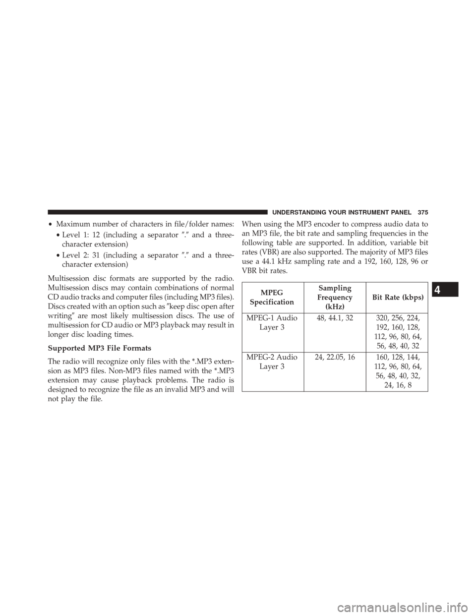 CHRYSLER TOWN AND COUNTRY 2014 5.G Owners Manual •Maximum number of characters in file/folder names:
• Level 1: 12 (including a separator .and a three-
character extension)
• Level 2: 31 (including a separator .and a three-
character exten