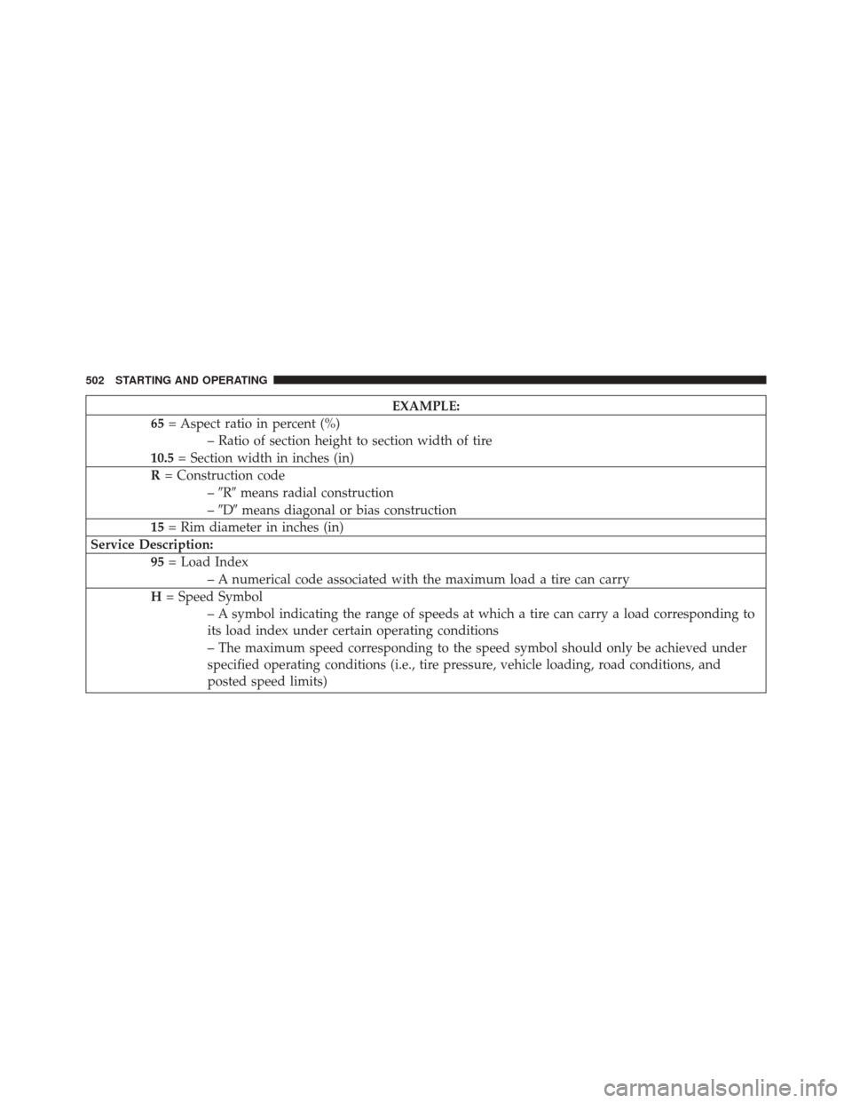 CHRYSLER TOWN AND COUNTRY 2014 5.G Owners Manual EXAMPLE:
65 = Aspect ratio in percent (%)
– Ratio of section height to section width of tire
10.5 = Section width in inches (in)
R = Construction code
–R means radial construction
– D means 