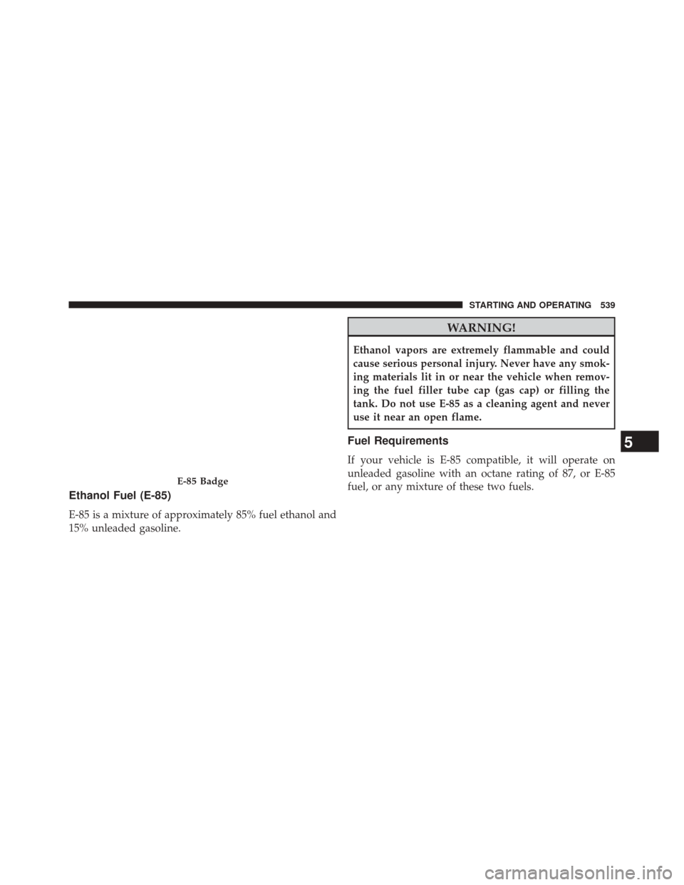 CHRYSLER TOWN AND COUNTRY 2014 5.G Owners Manual Ethanol Fuel (E-85)
E-85 is a mixture of approximately 85% fuel ethanol and
15% unleaded gasoline.
WARNING!
Ethanol vapors are extremely flammable and could
cause serious personal injury. Never have a