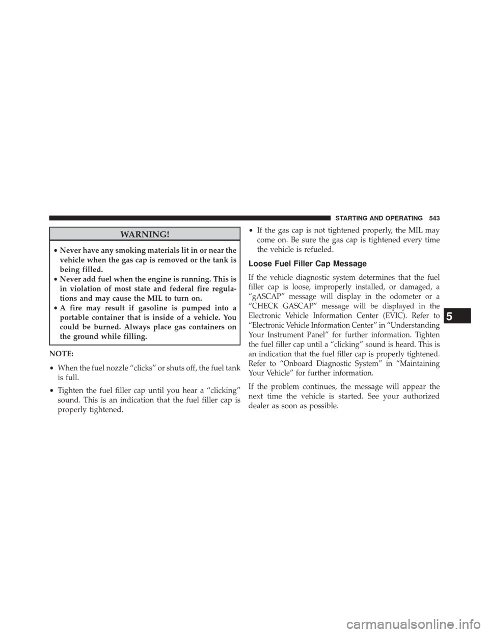 CHRYSLER TOWN AND COUNTRY 2014 5.G Owners Manual WARNING!
•Never have any smoking materials lit in or near the
vehicle when the gas cap is removed or the tank is
being filled.
• Never add fuel when the engine is running. This is
in violation of 