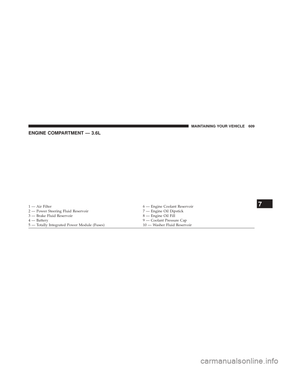 CHRYSLER TOWN AND COUNTRY 2014 5.G Owners Manual ENGINE COMPARTMENT — 3.6L
1 — Air Filter6 — Engine Coolant Reservoir
2 — Power Steering Fluid Reservoir 7 — Engine Oil Dipstick
3 — Brake Fluid Reservoir 8 — Engine Oil Fill
4 — Batter