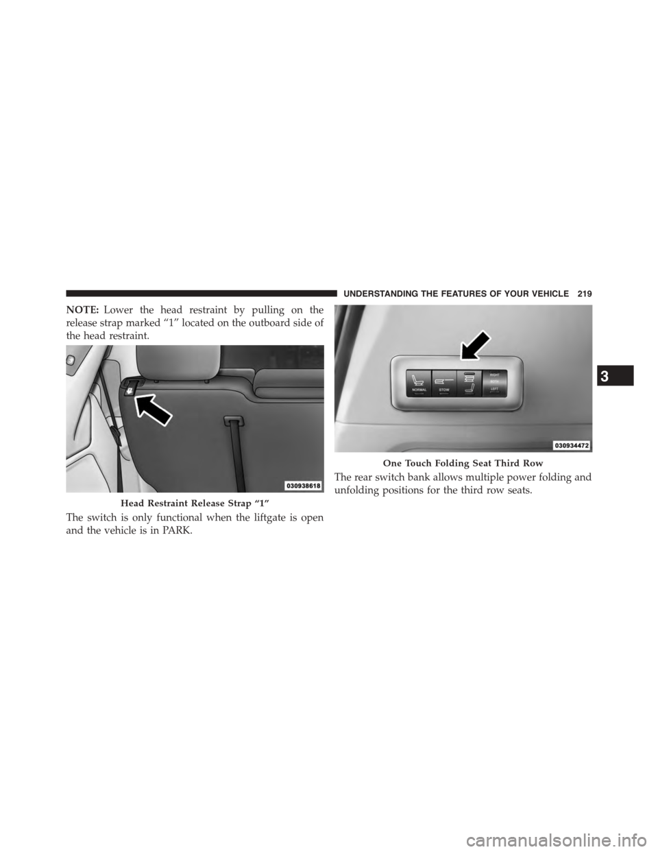 CHRYSLER TOWN AND COUNTRY 2015 5.G Owners Manual NOTE:Lower the head restraint by pulling on the
release strap marked “1” located on the outboard side of
the head restraint.
The switch is only functional when the liftgate is open
and the vehicle CHRYSLER TOWN AND COUNTRY 2015 5.G Owners Manual NOTE:Lower the head restraint by pulling on the
release strap marked “1” located on the outboard side of
the head restraint.
The switch is only functional when the liftgate is open
and the vehicle
