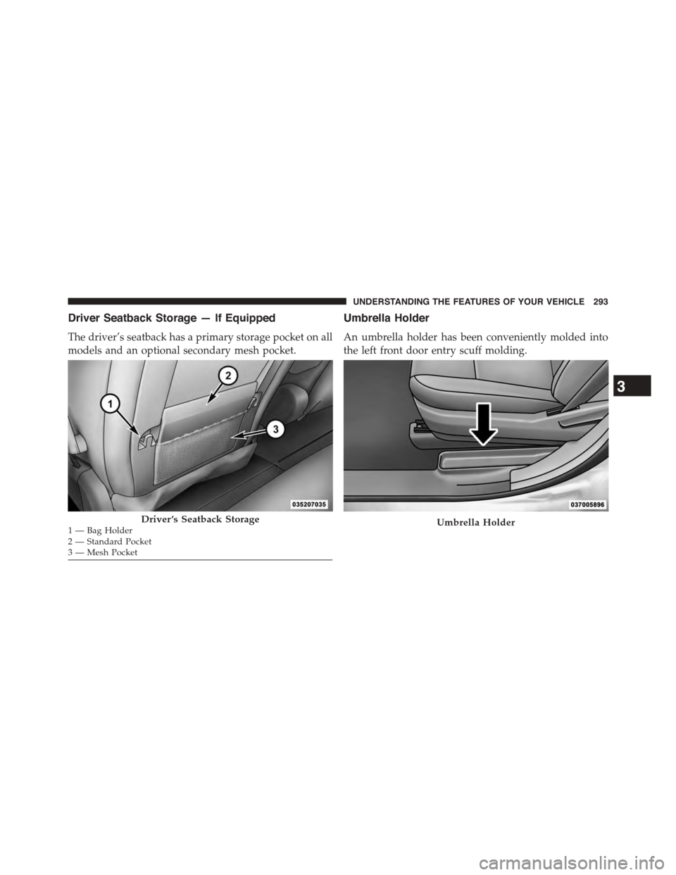 CHRYSLER TOWN AND COUNTRY 2015 5.G Owners Manual Driver Seatback Storage — If Equipped
The driver’s seatback has a primary storage pocket on all
models and an optional secondary mesh pocket.
Umbrella Holder
An umbrella holder has been convenient
