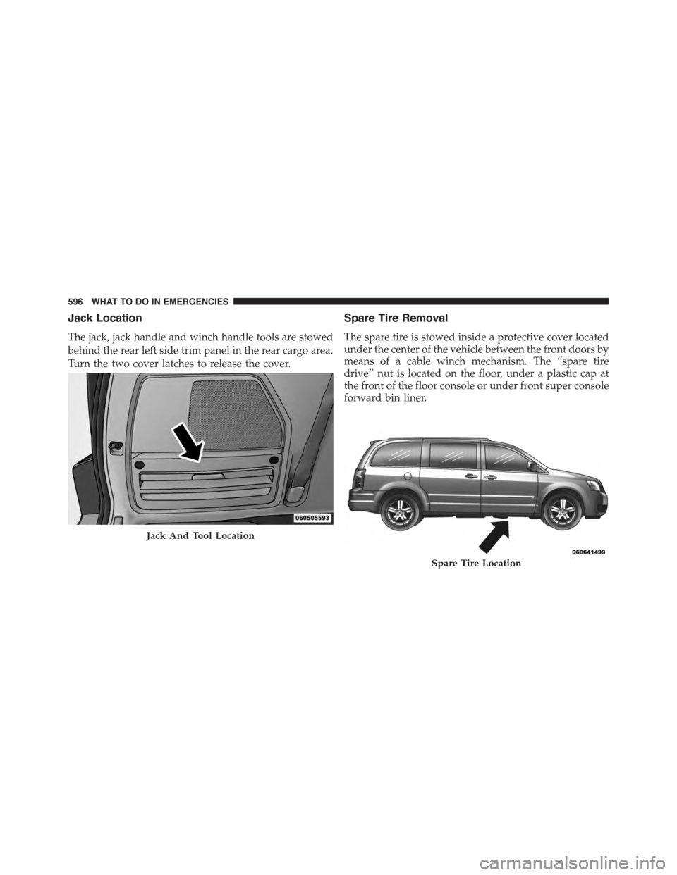 CHRYSLER TOWN AND COUNTRY 2015 5.G Owners Manual Jack Location
The jack, jack handle and winch handle tools are stowed
behind the rear left side trim panel in the rear cargo area.
Turn the two cover latches to release the cover.
Spare Tire Removal
T CHRYSLER TOWN AND COUNTRY 2015 5.G Owners Manual Jack Location
The jack, jack handle and winch handle tools are stowed
behind the rear left side trim panel in the rear cargo area.
Turn the two cover latches to release the cover.
Spare Tire Removal
T