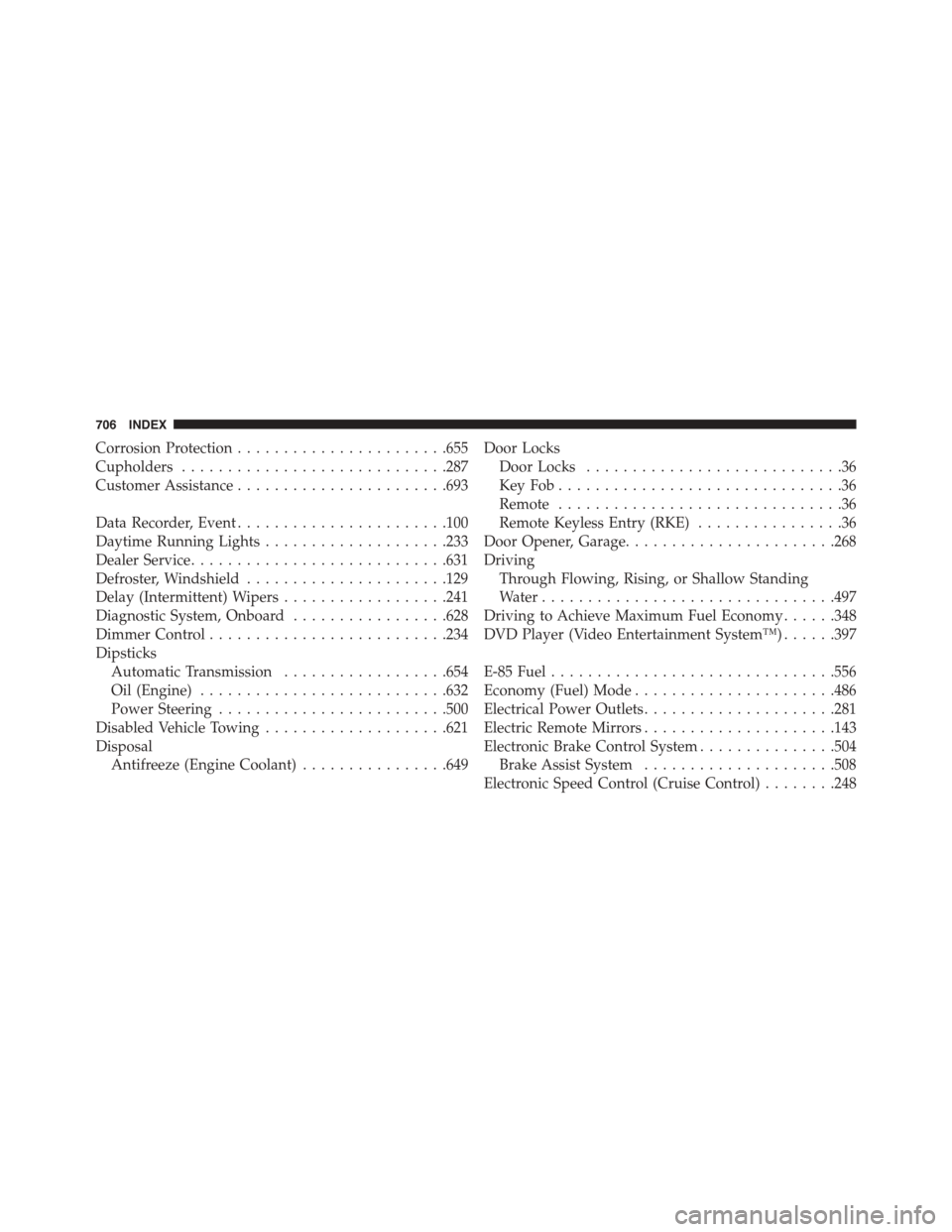 CHRYSLER TOWN AND COUNTRY 2015 5.G Owners Manual Corrosion Protection.......................655
Cupholders.............................287
Customer Assistance.......................693
Data Recorder, Event.......................100
Daytime Running L
