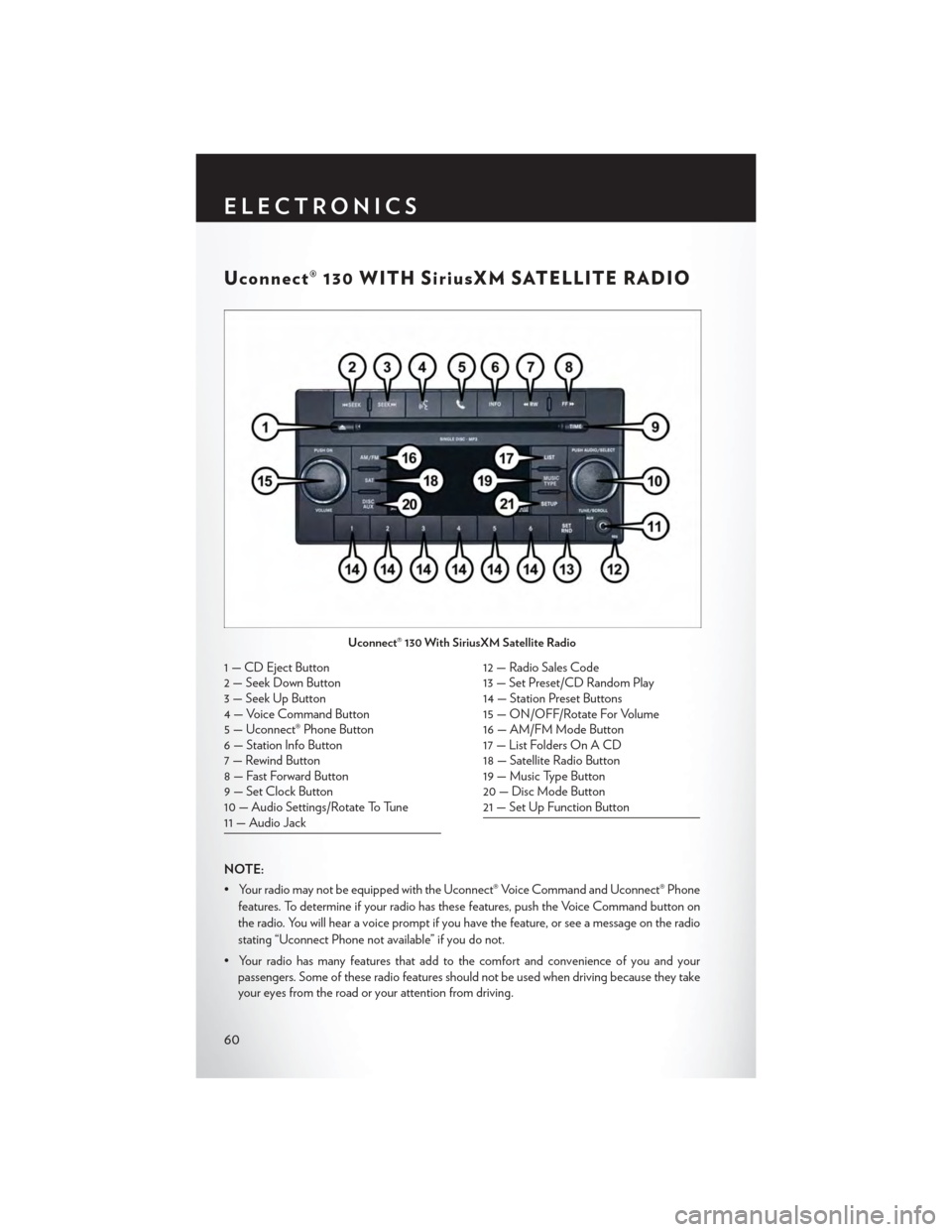 CHRYSLER TOWN AND COUNTRY 2015 5.G Repair Manual Uconnect® 130 WITH SiriusXM SATELLITE RADIO
NOTE:
• Your radio may not be equipped with the Uconnect® Voice Command and Uconnect® Phone
features. To determine if your radio has these features, pu CHRYSLER TOWN AND COUNTRY 2015 5.G Repair Manual Uconnect® 130 WITH SiriusXM SATELLITE RADIO
NOTE:
• Your radio may not be equipped with the Uconnect® Voice Command and Uconnect® Phone
features. To determine if your radio has these features, pu