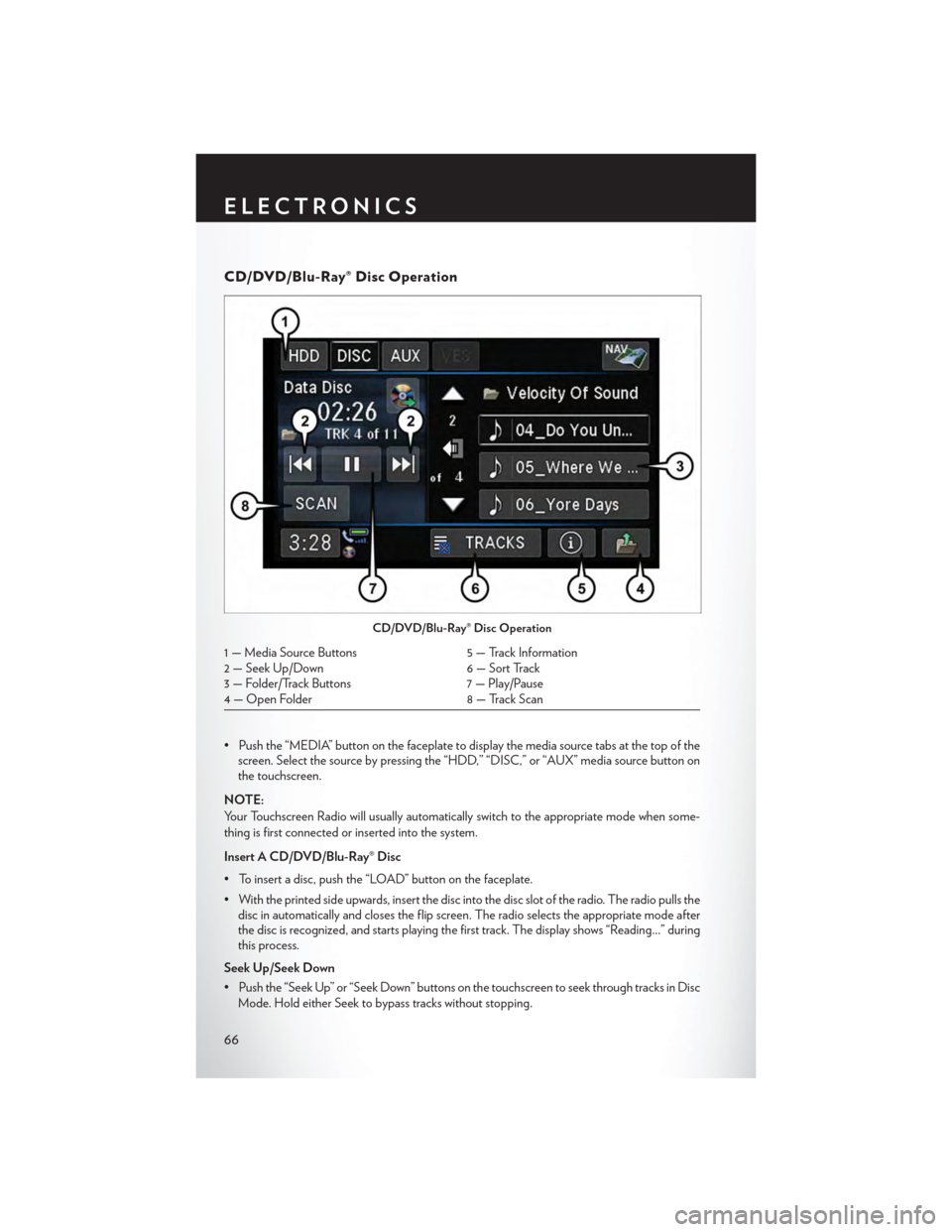 CHRYSLER TOWN AND COUNTRY 2015 5.G Repair Manual CD/DVD/Blu-Ray® Disc Operation
• Push the “MEDIA” button on the faceplate to display the media source tabs at the top of thescreen. Select the source by pressing the “HDD,” “DISC,” or CHRYSLER TOWN AND COUNTRY 2015 5.G Repair Manual CD/DVD/Blu-Ray® Disc Operation
• Push the “MEDIA” button on the faceplate to display the media source tabs at the top of thescreen. Select the source by pressing the “HDD,” “DISC,” or