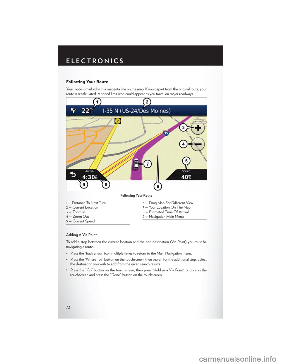 CHRYSLER TOWN AND COUNTRY 2015 5.G Manual PDF Following Your Route
Yo u r r o u t e i s m a r k e d w i t h a m a g e n t a l i n e o n t h e m a p . I f y o u d e p a r t f r o m t h e o r i g i n a l r o u t e , y o u r
route is recalculated. A CHRYSLER TOWN AND COUNTRY 2015 5.G Manual PDF Following Your Route
Yo u r r o u t e i s m a r k e d w i t h a m a g e n t a l i n e o n t h e m a p . I f y o u d e p a r t f r o m t h e o r i g i n a l r o u t e , y o u r
route is recalculated. A