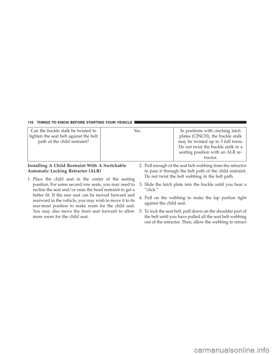 CHRYSLER TOWN AND COUNTRY 2016 5.G User Guide Can the buckle stalk be twisted to
tighten the seat belt against the belt path of the child restraint? Yes In positions with cinching latch
plates (CINCH), the buckle stalk
may be twisted up to 3 full