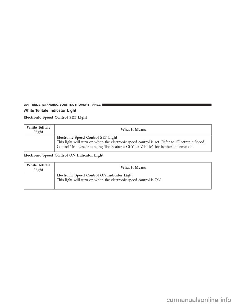 CHRYSLER TOWN AND COUNTRY 2016 5.G Owners Manual White Telltale Indicator Light
Electronic Speed Control SET Light
White TelltaleLight What It Means
Electronic Speed Control SET Light
This light will turn on when the electronic speed control is set.