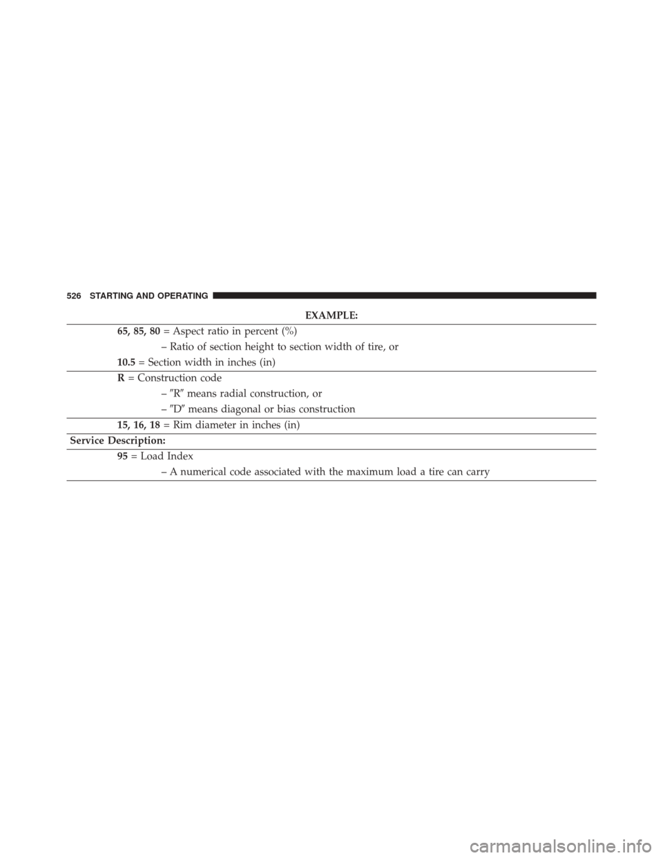 CHRYSLER TOWN AND COUNTRY 2016 5.G Owners Manual EXAMPLE:
65, 85, 80 = Aspect ratio in percent (%)
– Ratio of section height to section width of tire, or
10.5 = Section width in inches (in)
R = Construction code
–R means radial construction, o