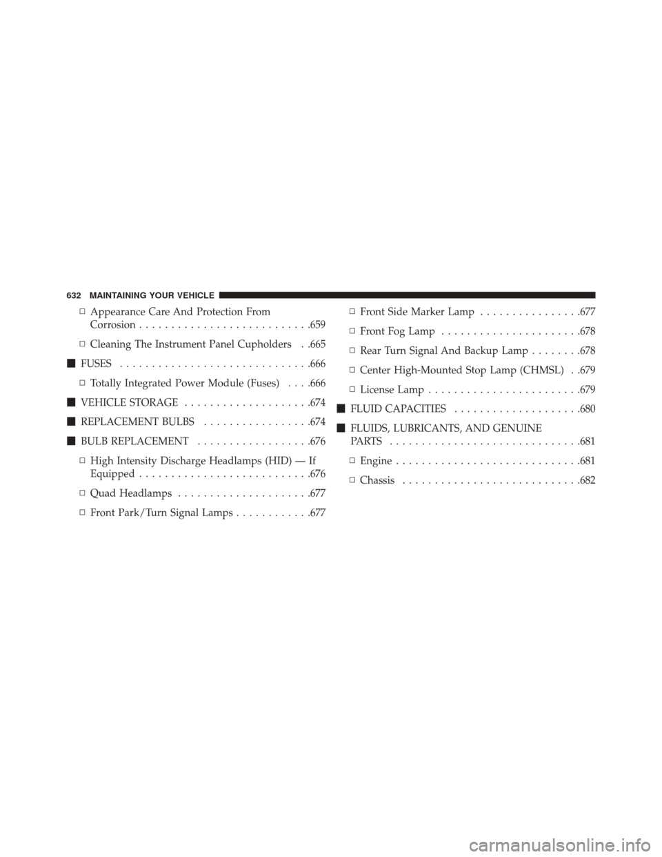 CHRYSLER TOWN AND COUNTRY 2016 5.G Owners Manual ▫Appearance Care And Protection From
Corrosion .......................... .659
▫ Cleaning The Instrument Panel Cupholders . .665
 FUSES ............................. .666
▫ Totally Integrated P