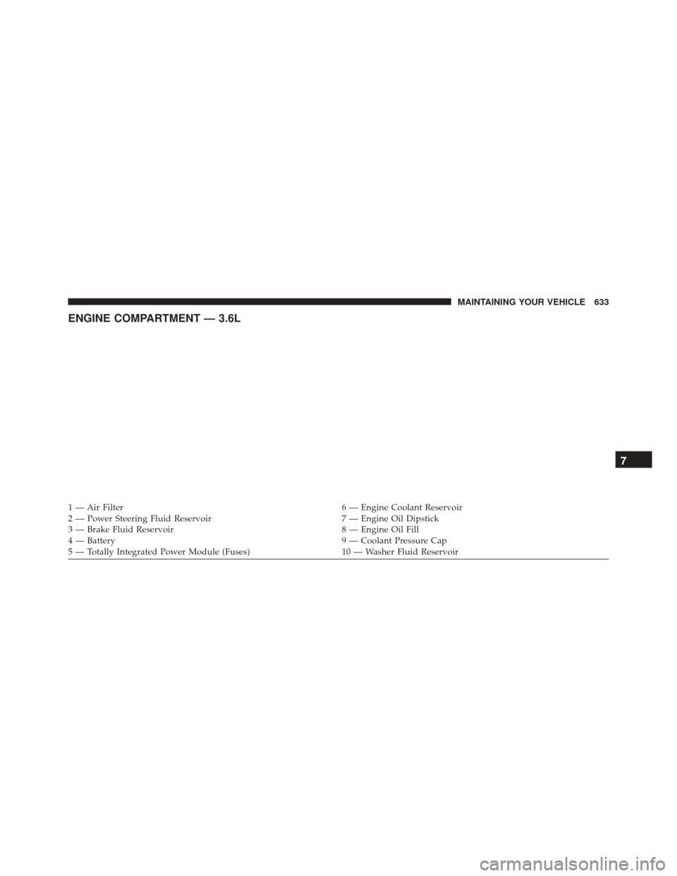 CHRYSLER TOWN AND COUNTRY 2016 5.G Owners Manual ENGINE COMPARTMENT — 3.6L
1 — Air Filter6 — Engine Coolant Reservoir
2 — Power Steering Fluid Reservoir 7 — Engine Oil Dipstick
3 — Brake Fluid Reservoir 8 — Engine Oil Fill
4 — Batter