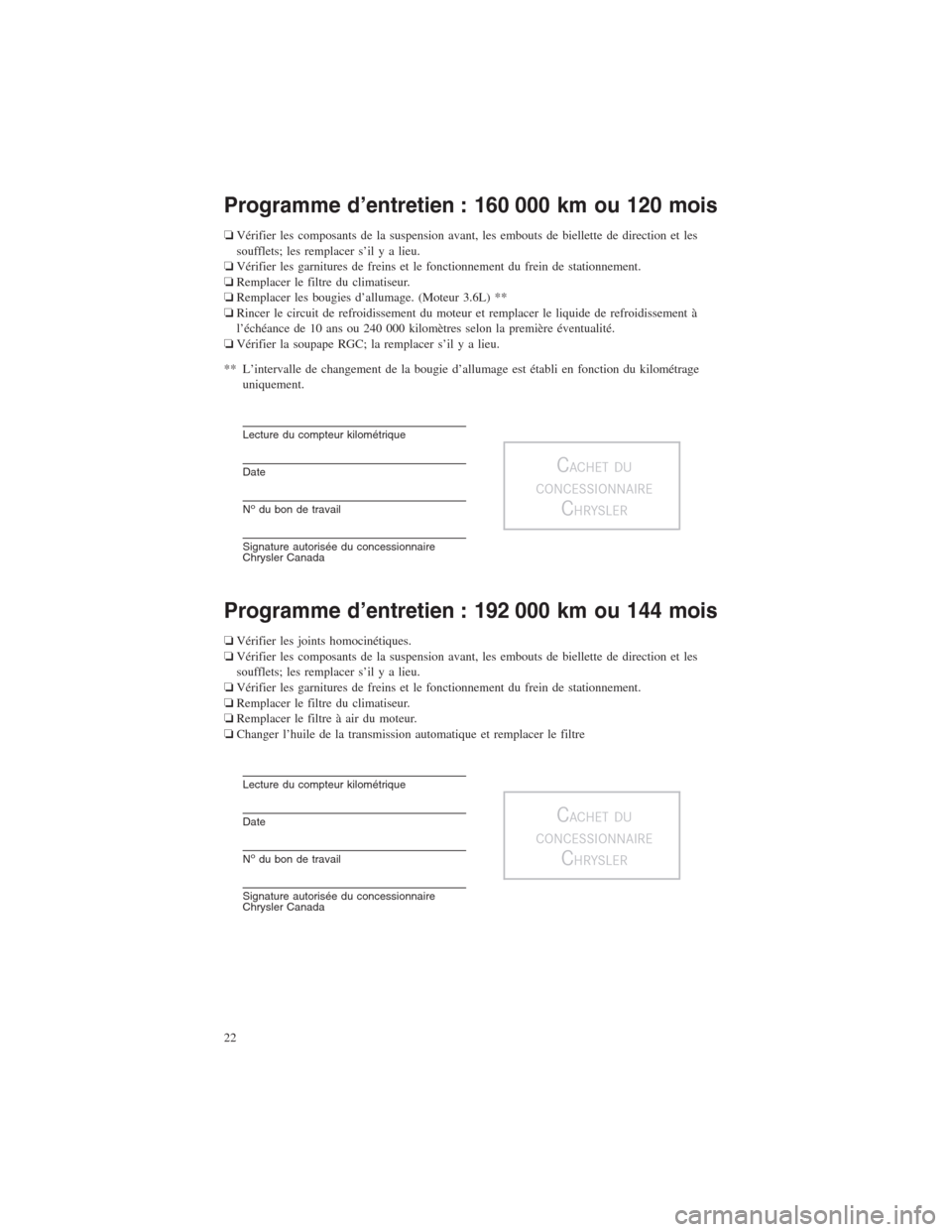 CHRYSLER TOWN AND COUNTRY 2013 5.G Warranty Booklet Programme d’entretien : 160 000 km ou 120 mois
❏Vérifier les composants de la suspension avant, les embouts de biellette de direction et les
soufflets; les remplacer s’il y a lieu.
❏Vérifier CHRYSLER TOWN AND COUNTRY 2013 5.G Warranty Booklet Programme d’entretien : 160 000 km ou 120 mois
❏Vérifier les composants de la suspension avant, les embouts de biellette de direction et les
soufflets; les remplacer s’il y a lieu.
❏Vérifier