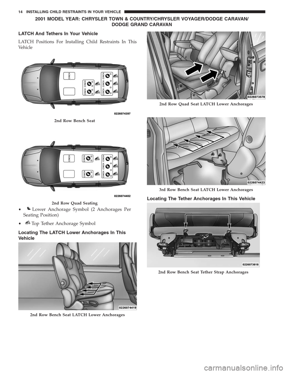 CHRYSLER TOWN AND COUNTRY 2014 5.G Warranty Booklet 2001 MODEL YEAR: CHRYSLER TOWN & COUNTRY/CHRYSLER VOYAGER/DODGE CARAVAN/
DODGE GRAND CARAVAN
LATCH And Tethers In Your Vehicle
LATCH Positions For Installing Child Restraints In This
Vehicle
Locating 