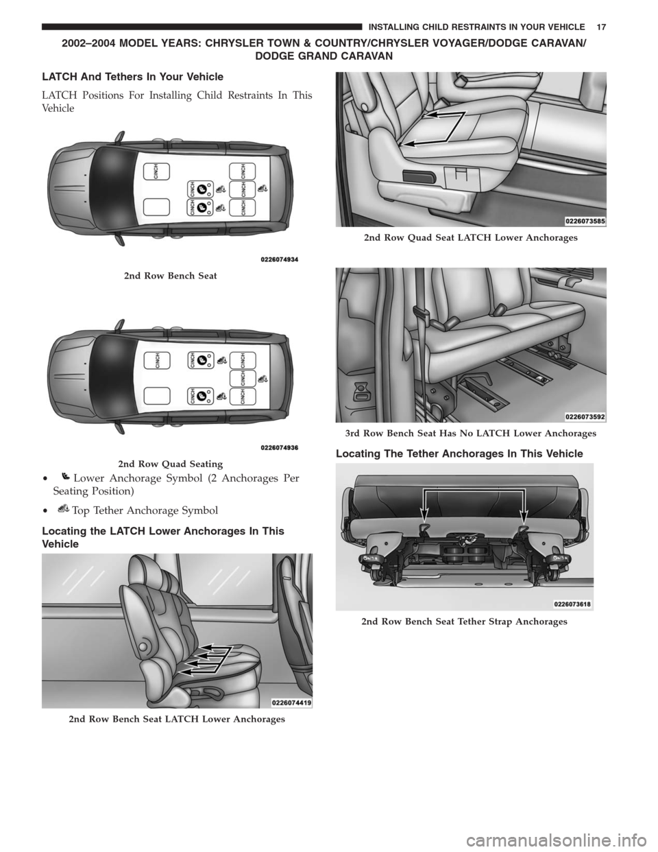 CHRYSLER TOWN AND COUNTRY 2014 5.G Warranty Booklet 2002–2004 MODEL YEARS: CHRYSLER TOWN & COUNTRY/CHRYSLER VOYAGER/DODGE CARAVAN/
DODGE GRAND CARAVAN
LATCH And Tethers In Your Vehicle
LATCH Positions For Installing Child Restraints In This
Vehicle
L