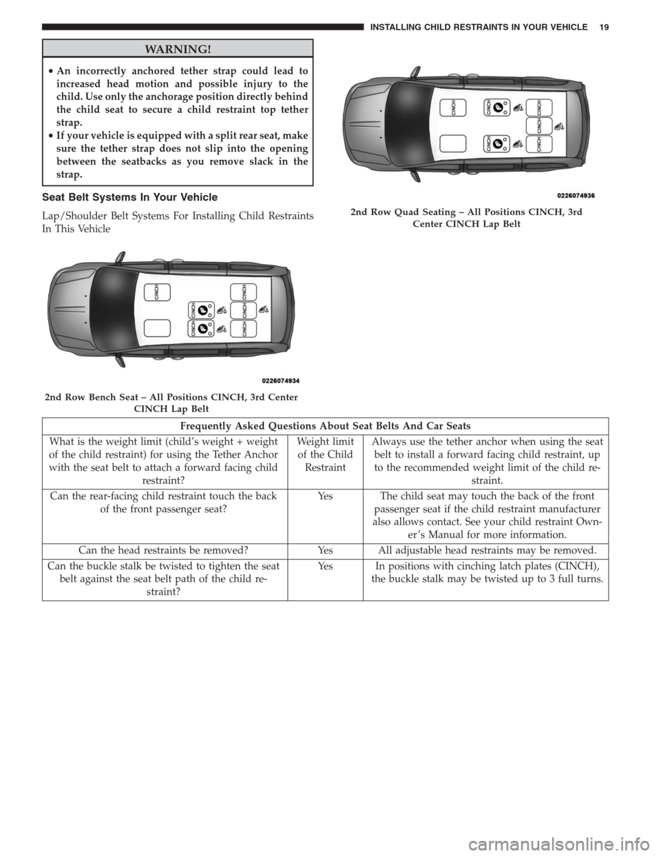 CHRYSLER TOWN AND COUNTRY 2014 5.G Warranty Booklet WARNING!
•An incorrectly anchored tether strap could lead to
increased head motion and possible injury to the
child. Use only the anchorage position directly behind
the child seat to secure a child 