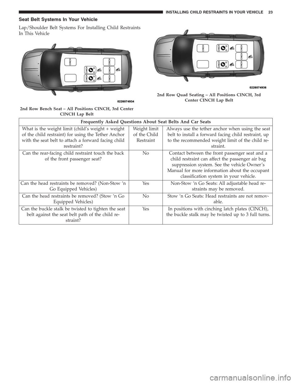 CHRYSLER TOWN AND COUNTRY 2014 5.G Warranty Booklet Seat Belt Systems In Your Vehicle
Lap/Shoulder Belt Systems For Installing Child Restraints
In This Vehicle
Frequently Asked Questions About Seat Belts And Car Seats
What is the weight limit (child’