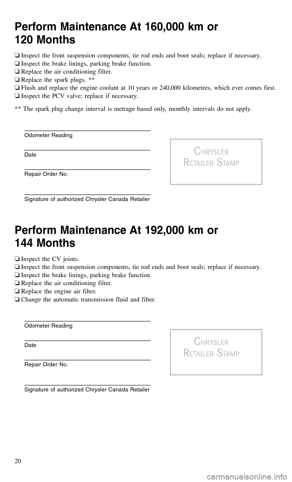 CHRYSLER TOWN AND COUNTRY 2015 5.G Warranty Booklet Perform Maintenance At 160,000 km or
120 Months
❏Inspect the front suspension components, tie rod ends and boot seals; replace if necessary.
❏ Inspect the brake linings, parking brake function.
CHRYSLER TOWN AND COUNTRY 2015 5.G Warranty Booklet Perform Maintenance At 160,000 km or
120 Months
❏Inspect the front suspension components, tie rod ends and boot seals; replace if necessary.
❏ Inspect the brake linings, parking brake function.