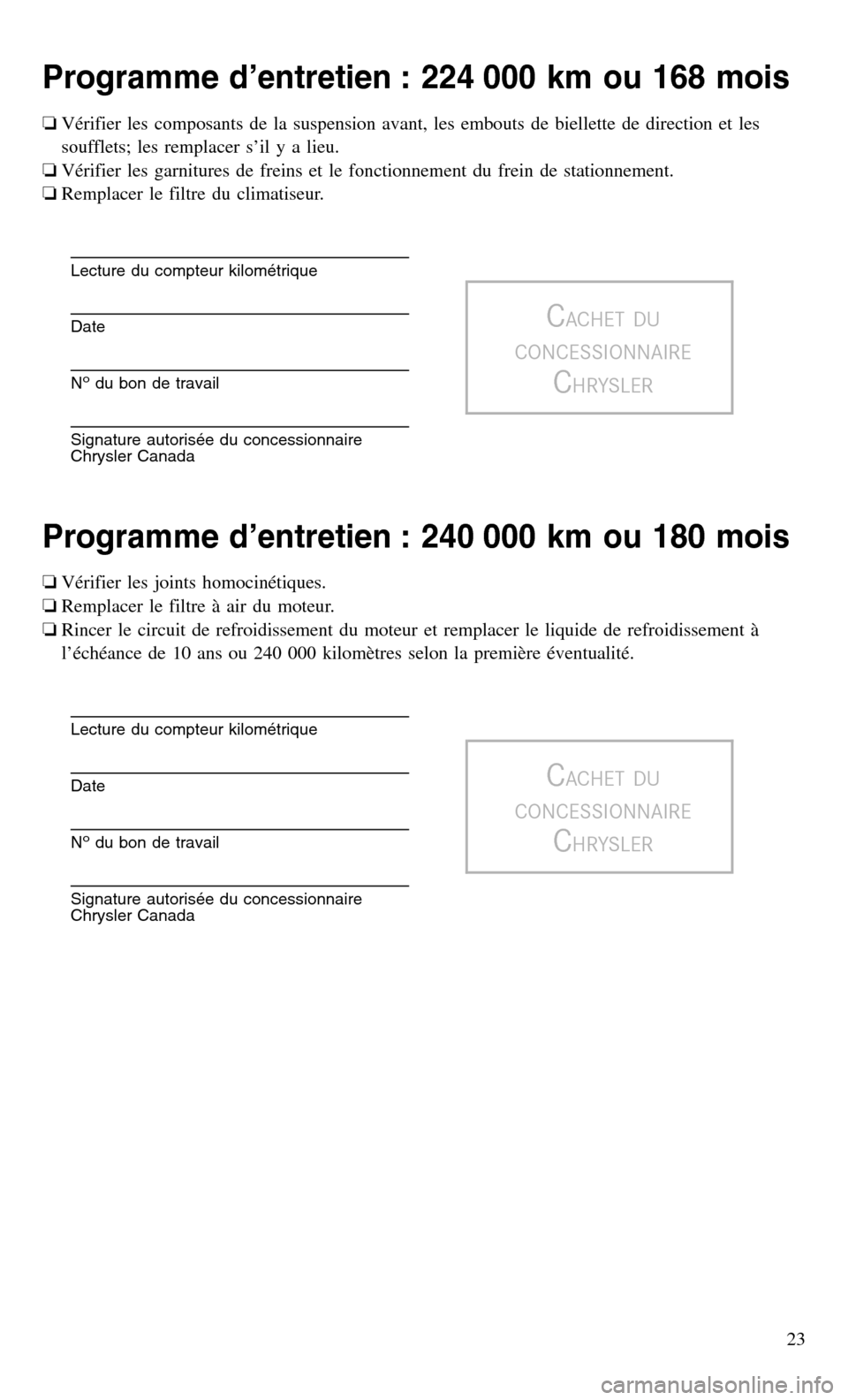 CHRYSLER TOWN AND COUNTRY 2015 5.G Warranty Booklet Programme d’entretien : 224 000 km ou 168 mois
❏Vérifier les composants de la suspension avant, les embouts de biellette de direction et les
soufflets; les remplacer s’il y a lieu.
❏ Vérifie CHRYSLER TOWN AND COUNTRY 2015 5.G Warranty Booklet Programme d’entretien : 224 000 km ou 168 mois
❏Vérifier les composants de la suspension avant, les embouts de biellette de direction et les
soufflets; les remplacer s’il y a lieu.
❏ Vérifie