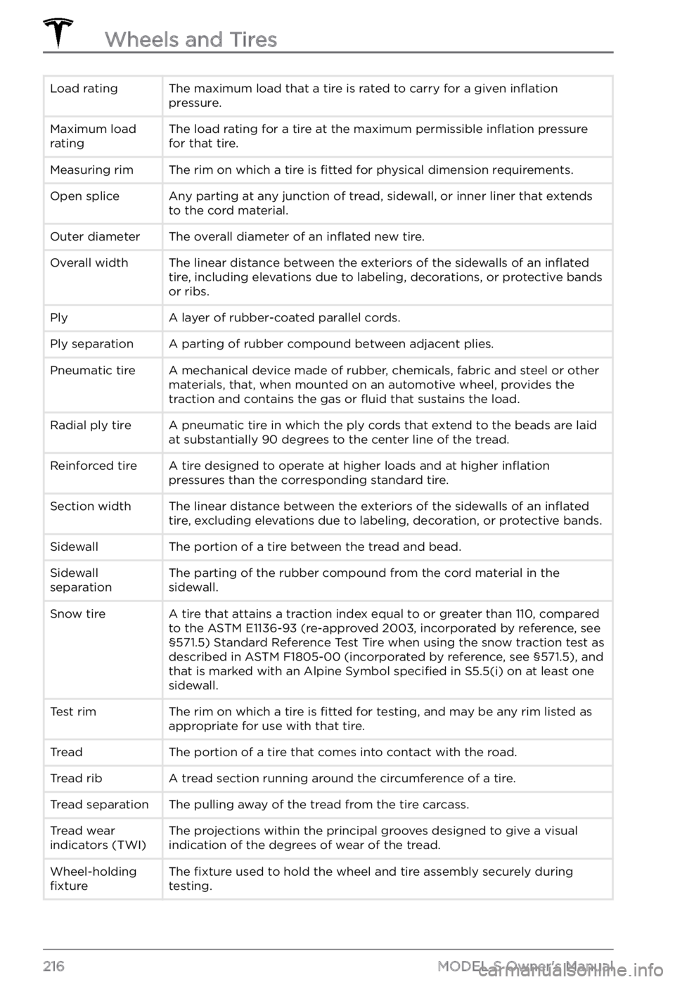 TESLA MODEL S 2022  Owner´s Manual Load ratingThe maximum load that a tire is rated to carry for a given inflation pressure.Maximum load 
ratingThe load rating for a tire at the maximum permissible inflation pressure 
for that tire.Mea