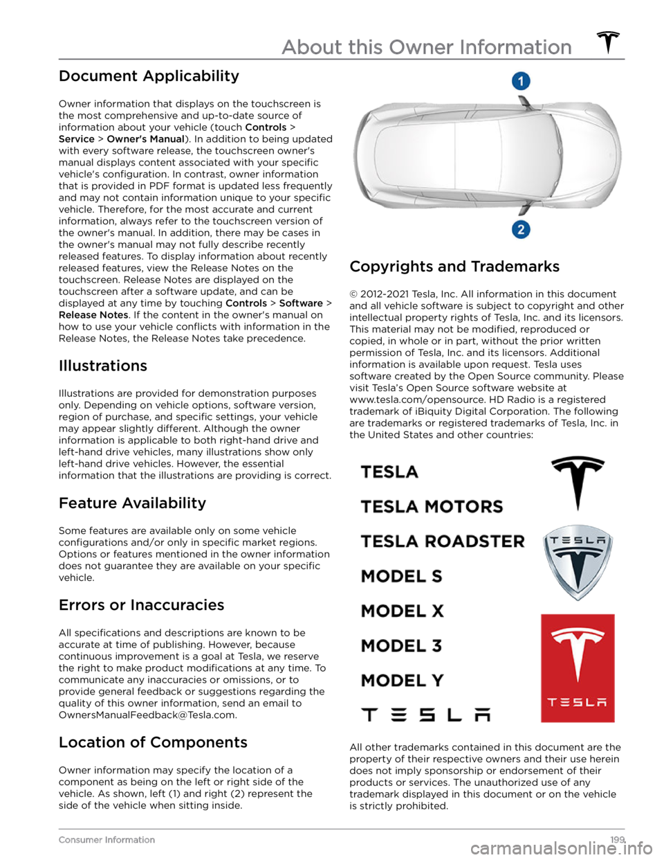TESLA MODEL 3 2022 Owner´s Manual Document Applicability
Owner information that displays on the touchscreen is the most comprehensive and up-to-date source of information about your vehicle (touch
Controls >
Service > Owner TESLA MODEL 3 2022 Owner´s Manual Document Applicability
Owner information that displays on the touchscreen is the most comprehensive and up-to-date source of information about your vehicle (touch
Controls >
Service > Owner