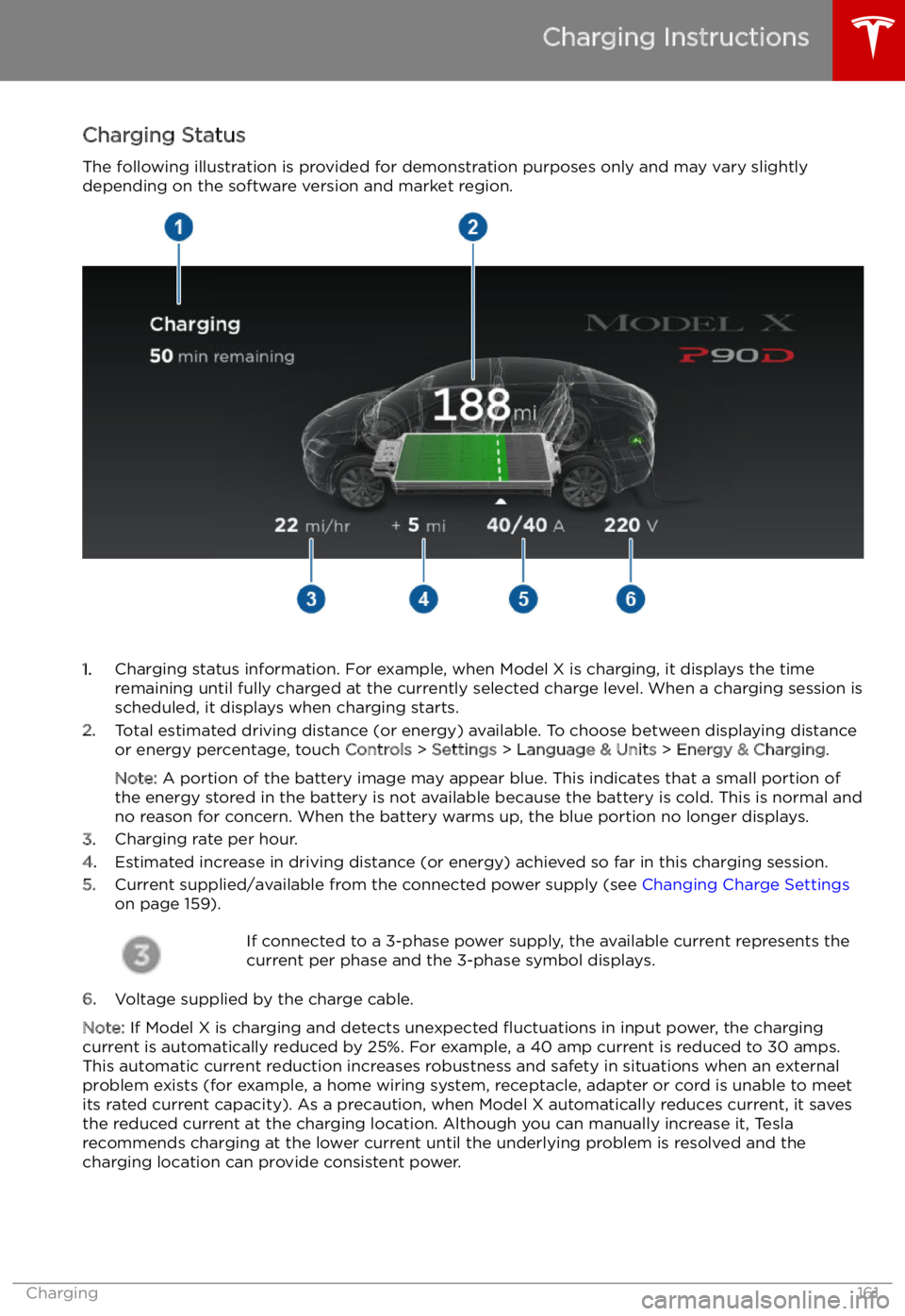 TESLA MODEL X 2022  Owner´s Manual Charging Status
The following illustration is provided for demonstration purposes only and may vary slightly
depending on the software version and market region.
1. Charging status information. For ex