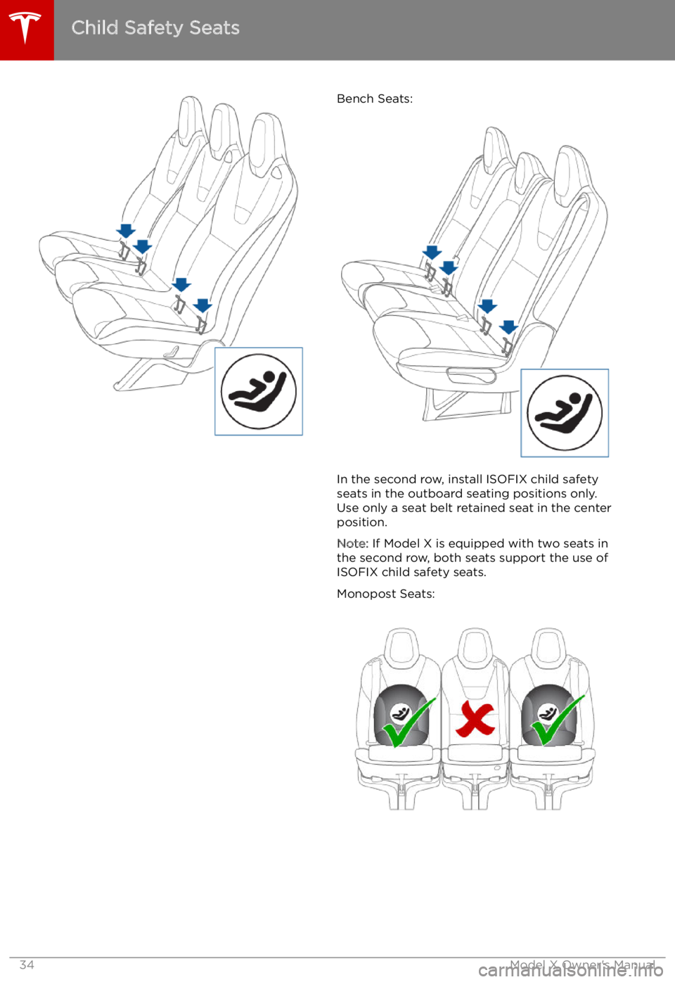 TESLA MODEL X 2022  Owner´s Manual Bench Seats:
In the second row, install ISOFIX child safety
seats in the outboard seating positions only.
Use only a seat belt retained seat in the center
position.
Note:  If Model X is equipped with 