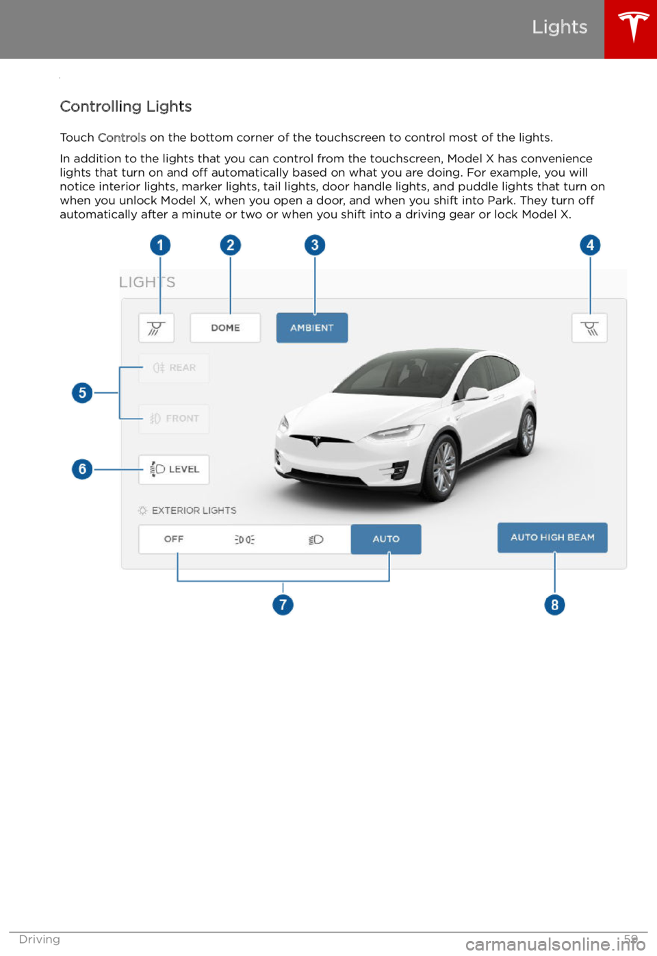TESLA MODEL X 2021  Owner´s Manual Lights
Controlling Lights Touch  Controls  on the bottom corner of the touchscreen to control most of the lights.
In addition to the lights that you can control from the touchscreen, Model X has conve