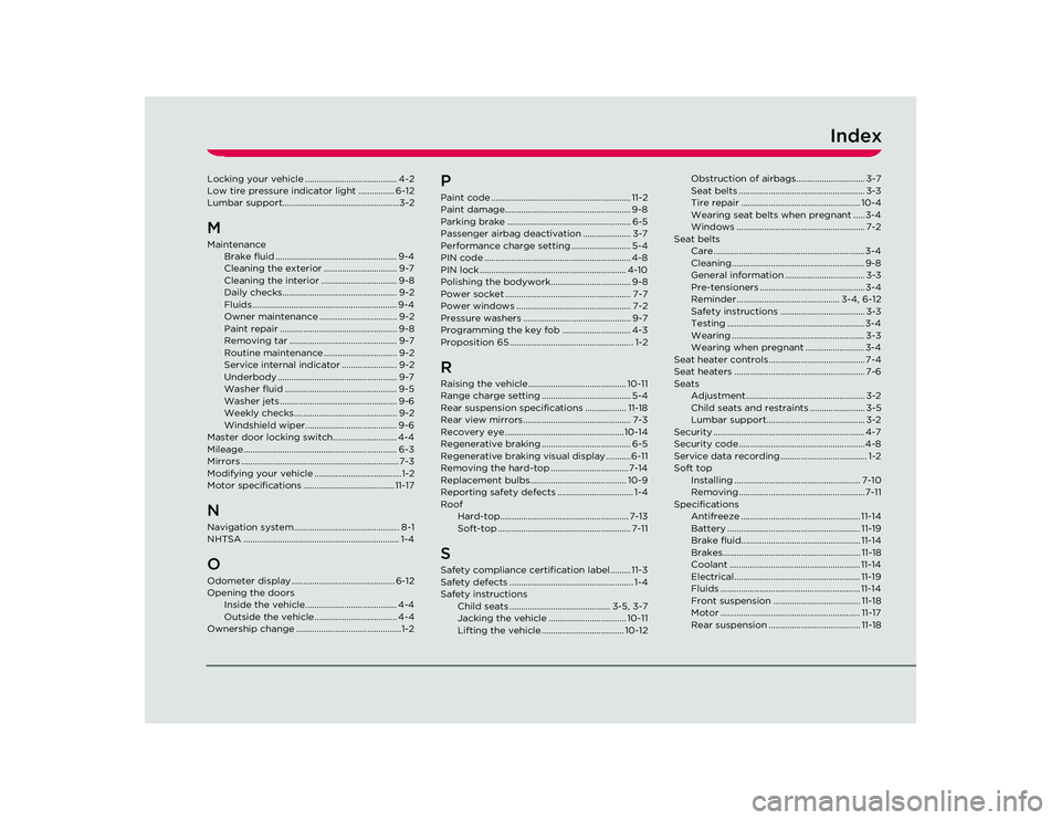 TESLA ROADSTER 2008  Owners Manual Index
Locking your vehicle ........................................ 4-2
Low tire pressure indicator light ................ 6-12
Lumbar support...................................................3-2MMai